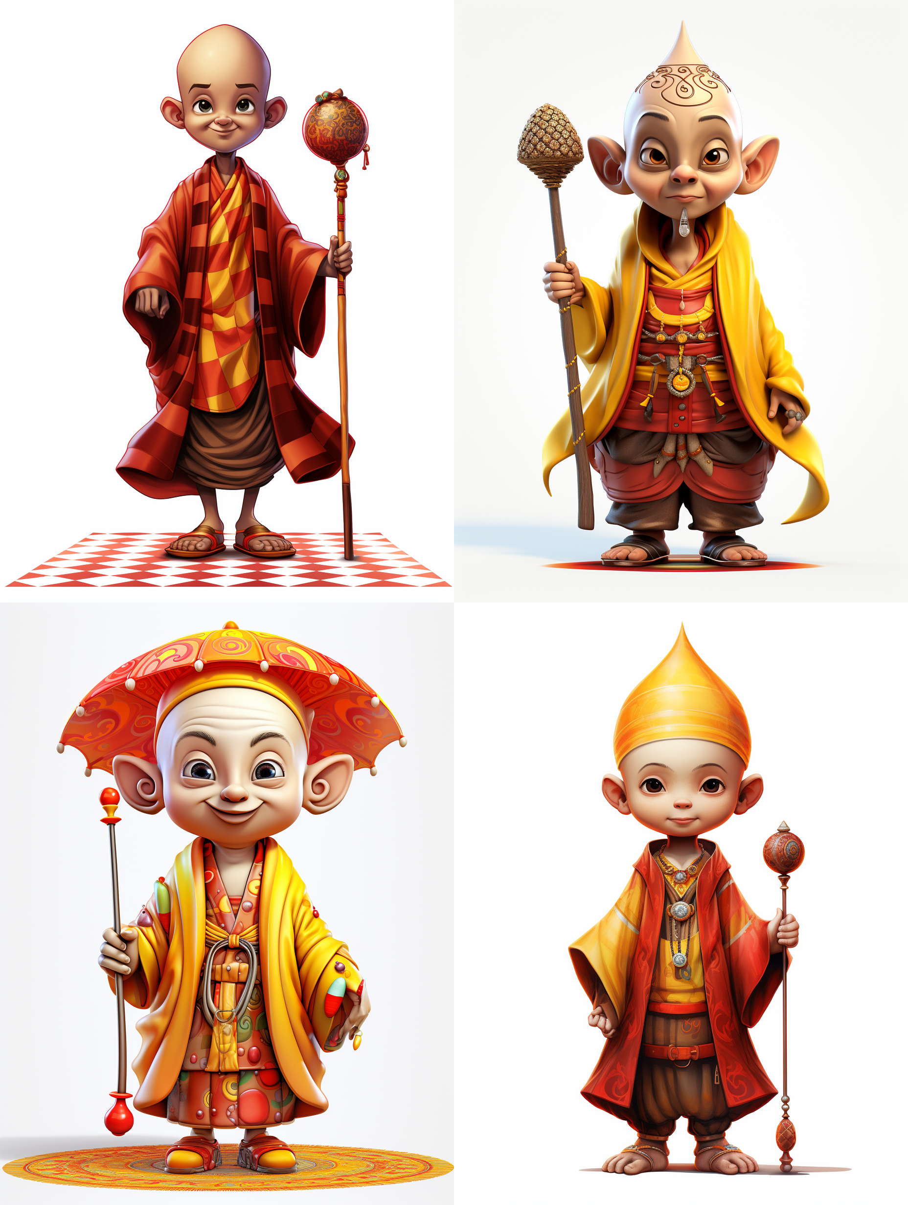 卡通唐僧，黄色莲花帽，红色方格袈裟，金色拐杖，咖色佛珠，白色背景，明亮色调，正面视角，透视构图，细节丰富， 动画艺术