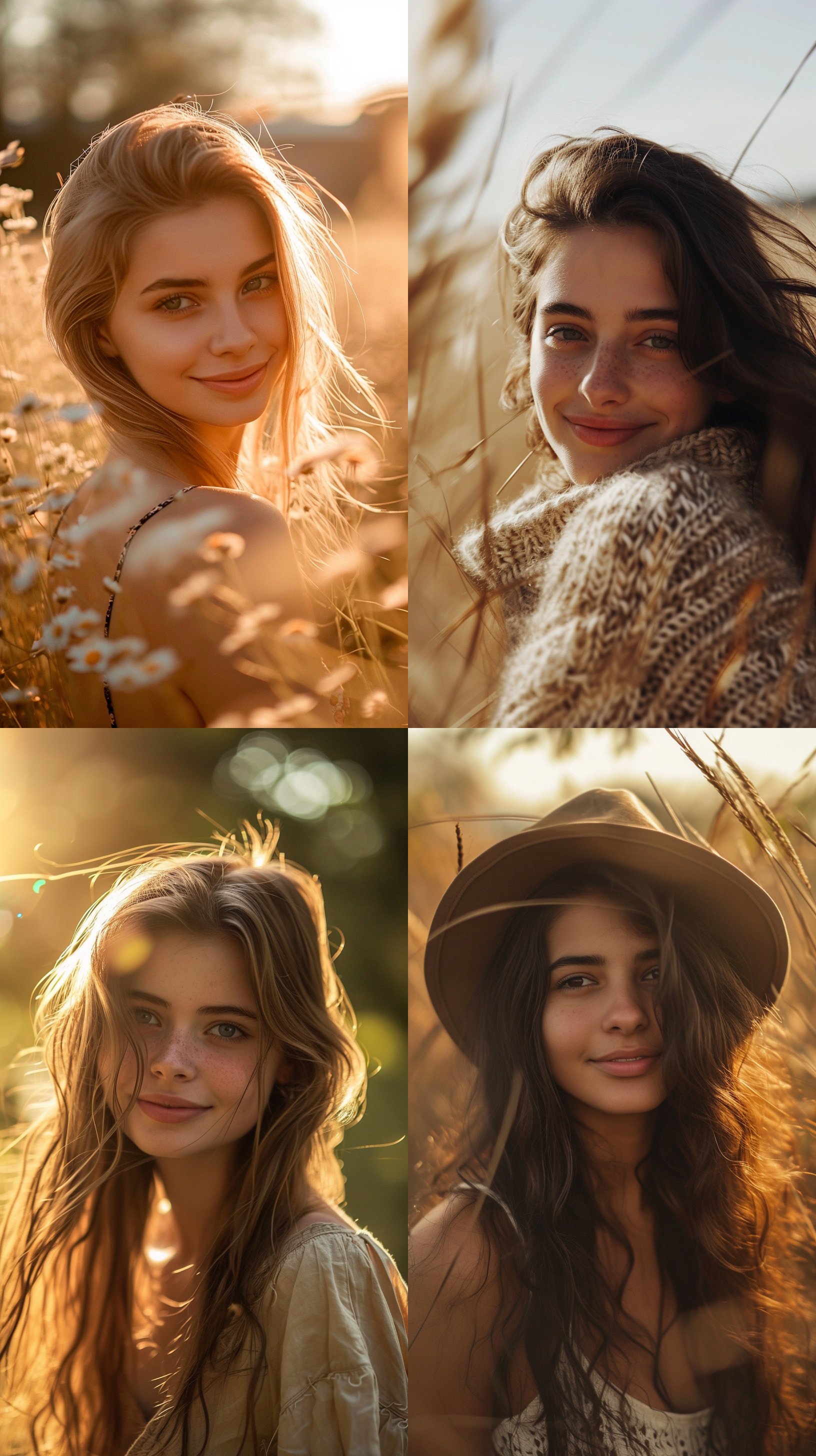 甜美表情，迷人眼神，微笑，柔和光线，浅景深，自然环境，温暖色调，清晰细节，轻松愉快，幸福。