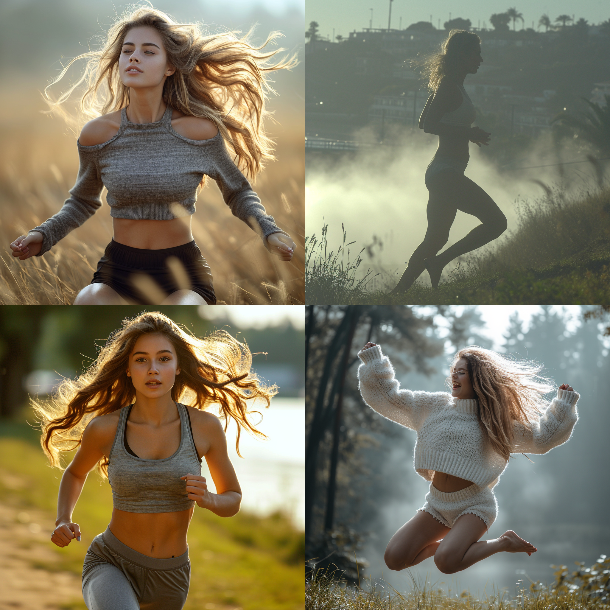 20岁女孩，运动服，阳光，霸气，水边，草地，背景虚化，晨雾，长焦镜头，跳跃，自信，活力，清新，青春，动态。