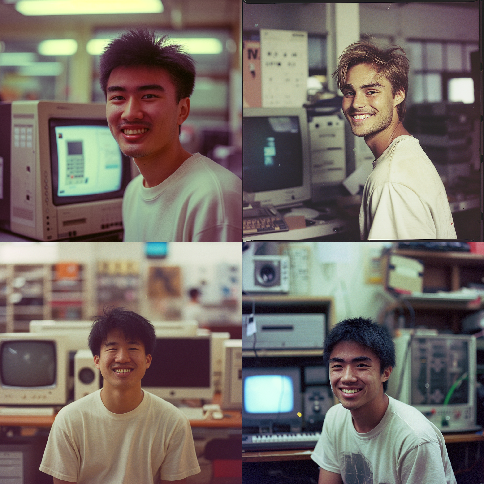 年轻男子微笑，背景是计算机。镜头使用50-135mm焦距，f1.4-f2.8光圈，呈现硅谷的拍立得风格。1995年的色彩调调增添了复古氛围，照片中充满了活力和希望的情感。