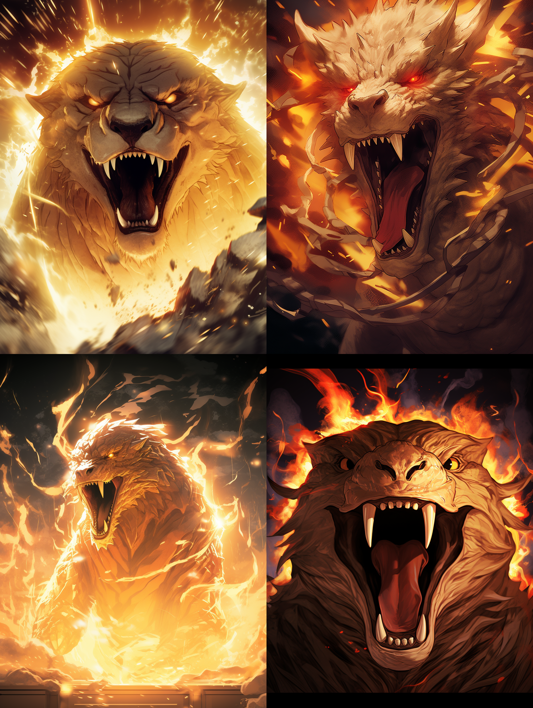 狮子，动漫形象，飞溅的火焰，漩涡火，红色和浅金色，光晕散焦，背光，超级细节，正视图，