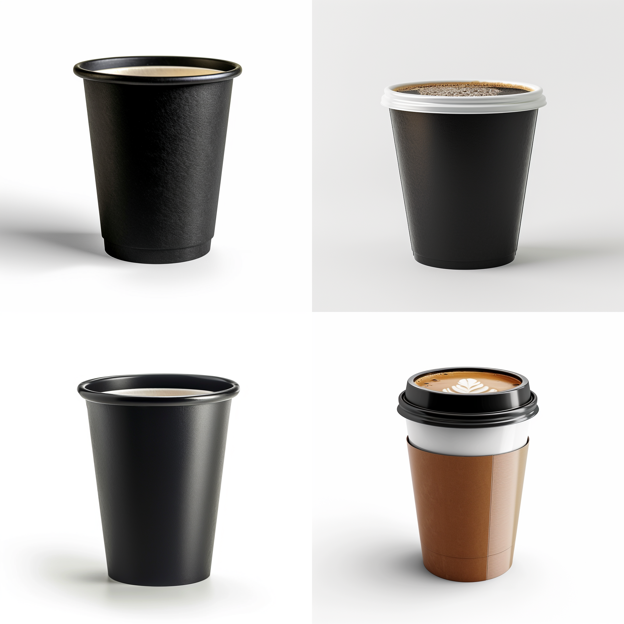 圆柱形聚乙烯材质的咖啡杯，300ml，前视图，深度聚焦构图，摄影棚白色背景