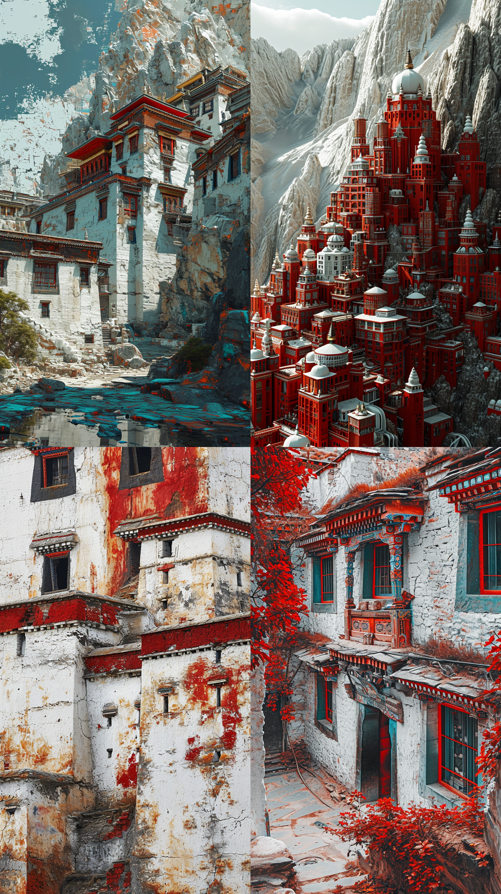 a shot of the tibetan fortress, in the style of abstracted architecture, white and red, pointillist optical mixing, ingrid baars, 32k uhd, visual harmony, serge marshennikov