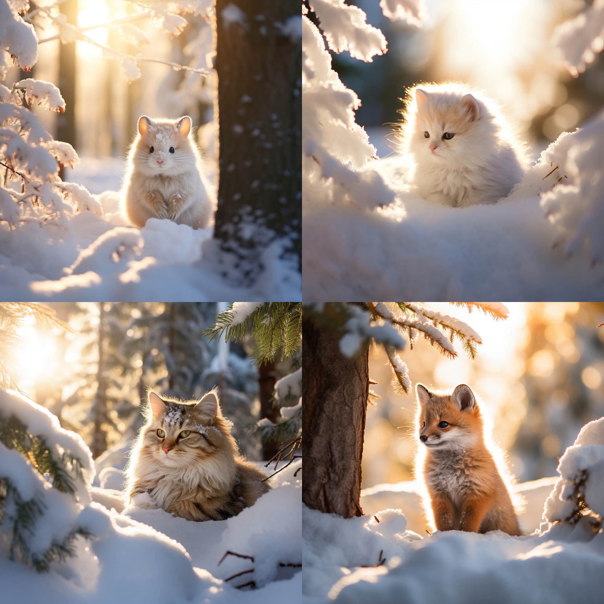 雪地上的小松树，蓬松的白雪覆盖着整个画面，阳光透过树枝洒在地面上，形成温暖的光影。一只可爱的小动物躺在树下，眼睛闭着，似乎正在享受宁静的冬日。雪花飘落在空中，增添了浪漫的氛围。温馨，宁静，治愈，雪景，小松树，阳光，蓬松，白雪，温暖，光影，小动物，眼睛闭着，冬日，浪漫，氛围。