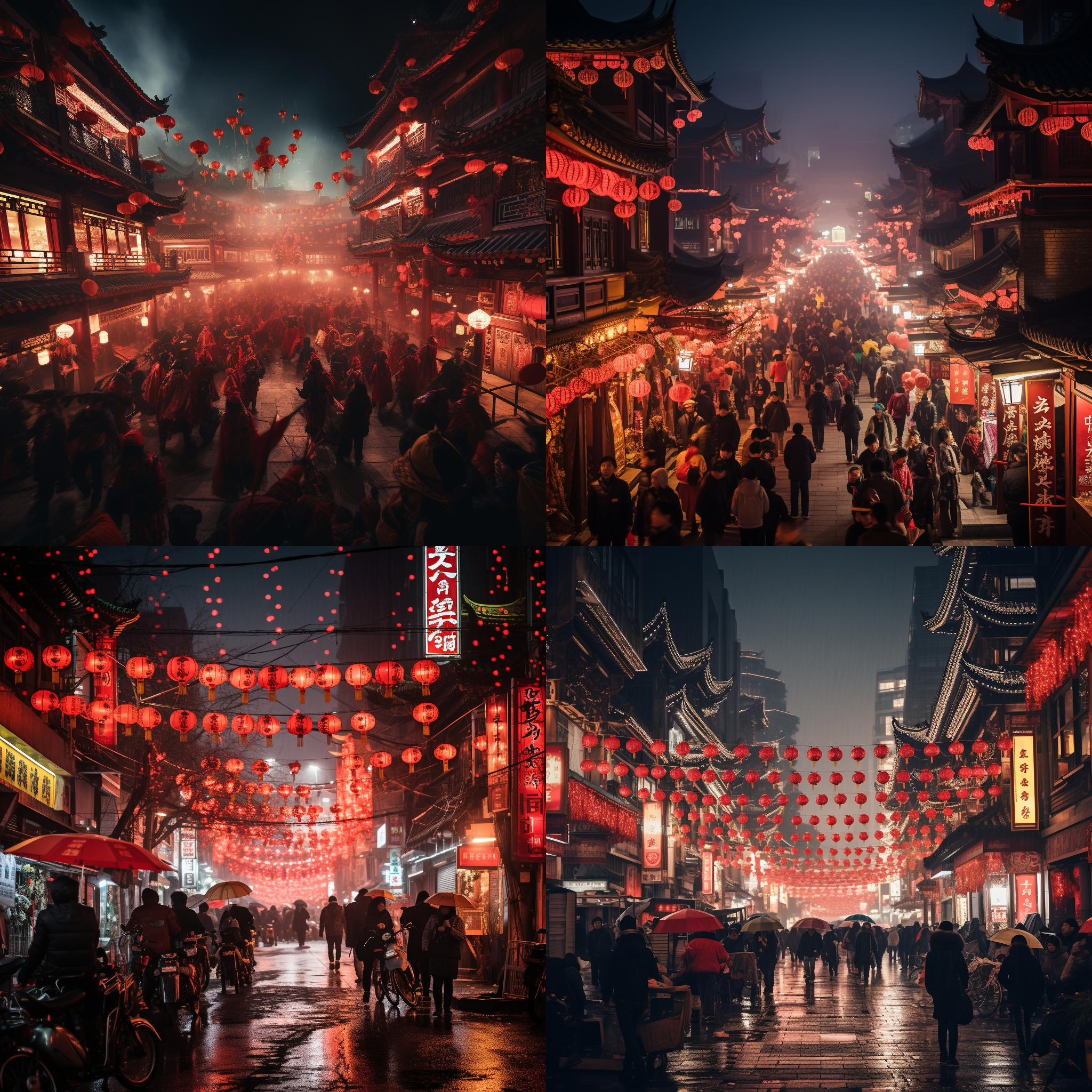 中国古代大街上，喜庆红色的过年氛围浓厚。繁忙的街道上，人们穿着传统服饰，欢快地走动着。照片构图有层次感，广角镜头捕捉到了整个街景。明亮的灯光照耀着整个场景，营造出热闹喜庆的氛围。主题色调以红色为主，让人感受到浓厚的节日气氛。