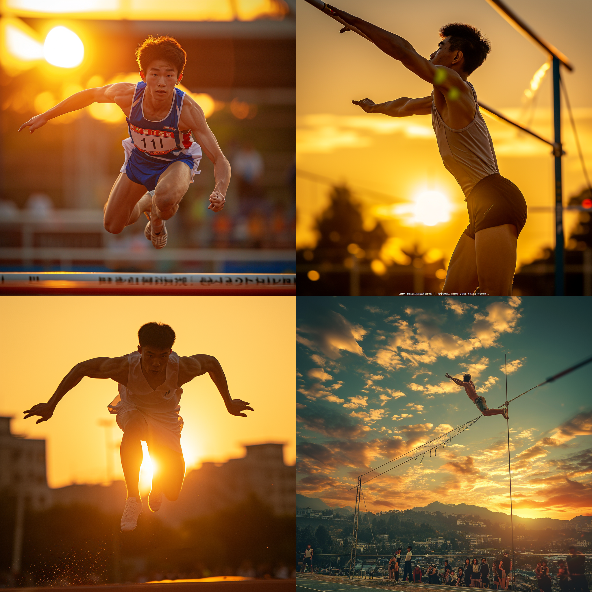 中国专业运动员背越式跳高，夕阳下的田径场景，大气磅礴。运动员身姿挺拔，眼神坚定，展现出强烈的毅力和决心。镜头使用长焦距，突出主体，背景模糊。光线柔和，营造出温暖的氛围。动作流畅而迅猛，传递出紧张和激动的情绪。