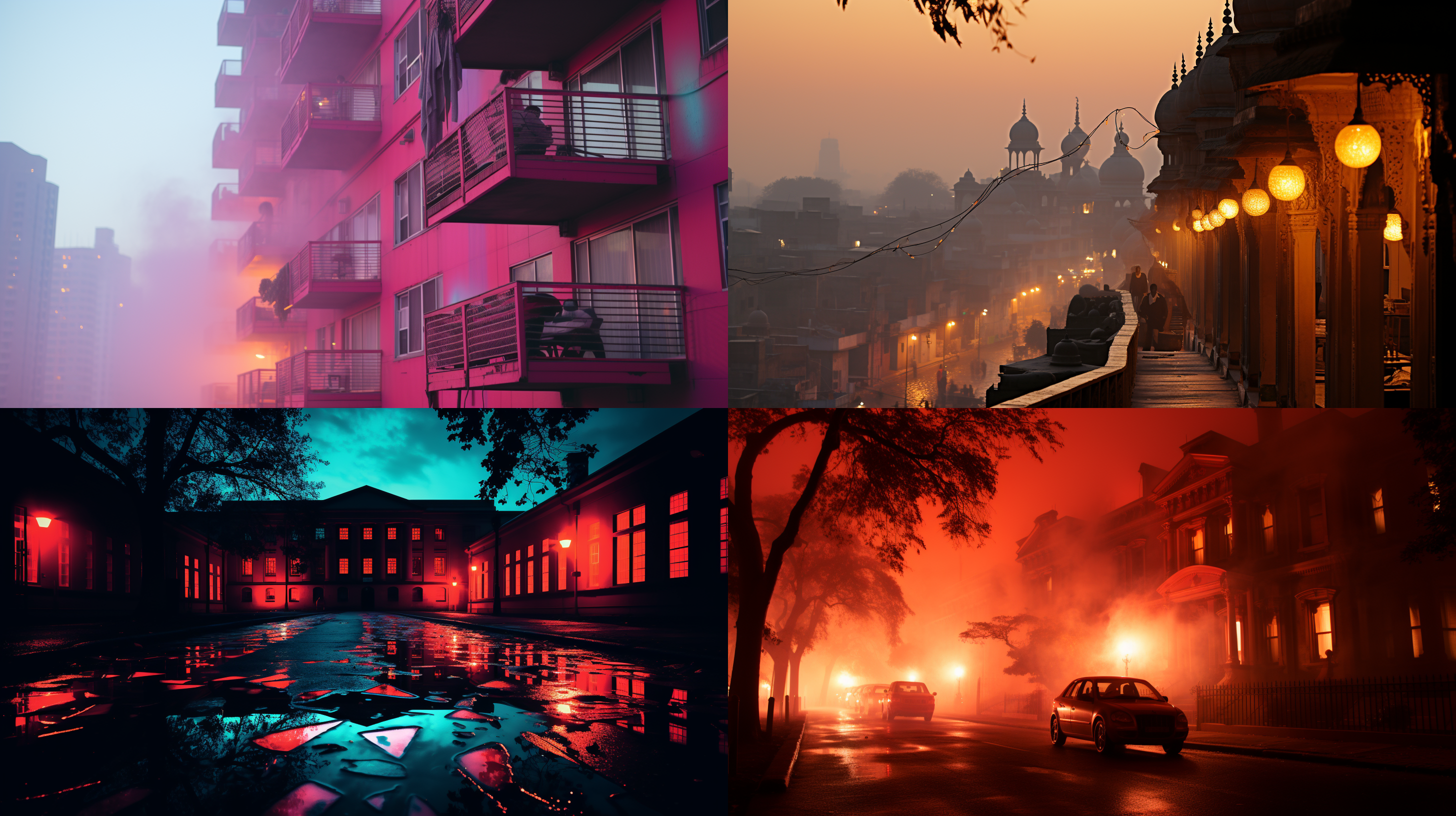 高对比度，迷雾，华丽的建筑，夕阳，宽幅画面，细节丰富，浓烈的色彩，神秘感，悬浮感，深邃的景深，旋转动作。