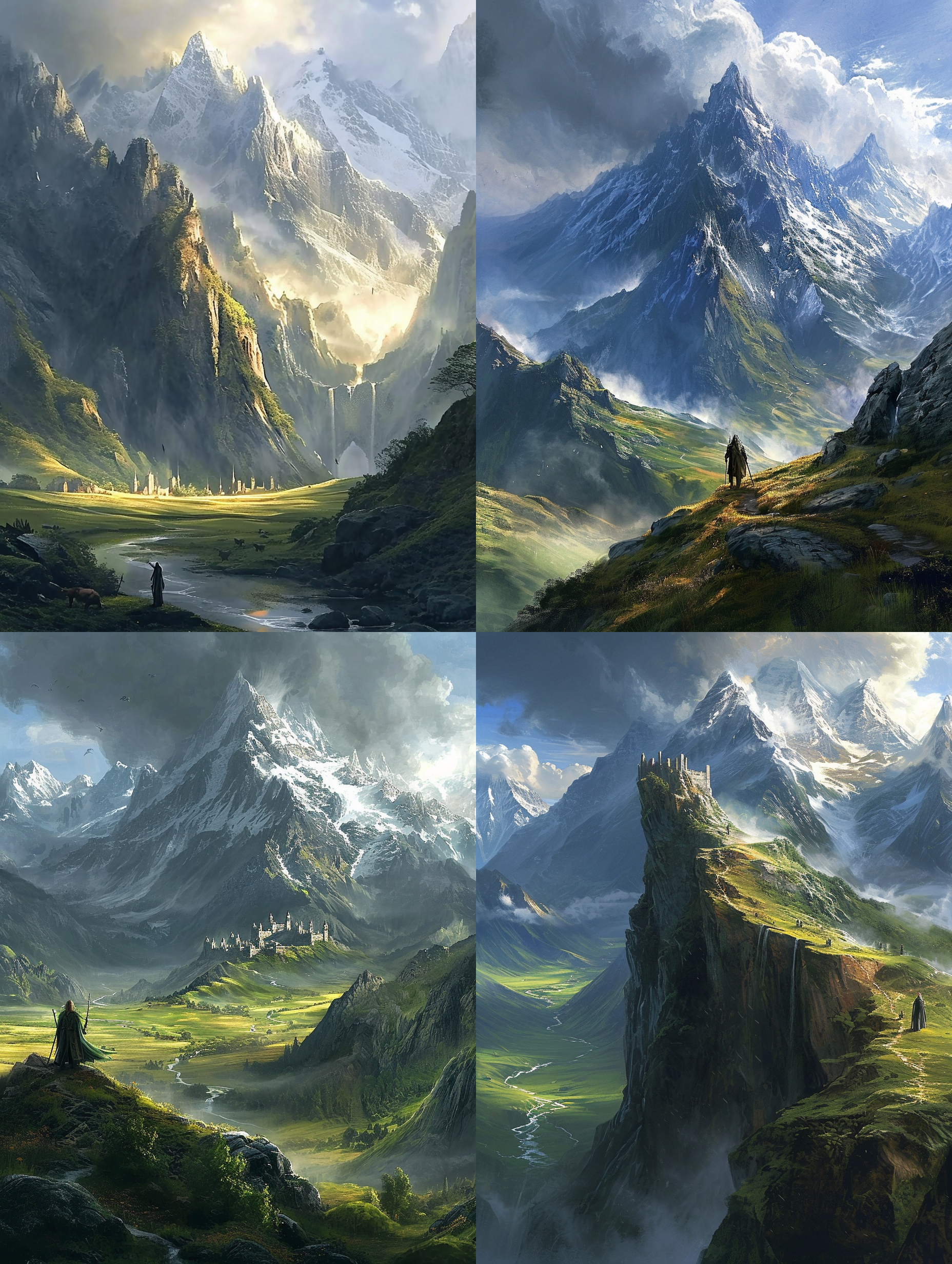 指环王，壮丽的中土世界，山脉和草原，史诗般的风格，徒步旅行者，远景，宏伟的城堡，卷轴，神秘的森林，战斗，火山，英雄，魔法，冒险，古老的文明，中世纪，巨人，黑暗势力，勇气，荣耀。