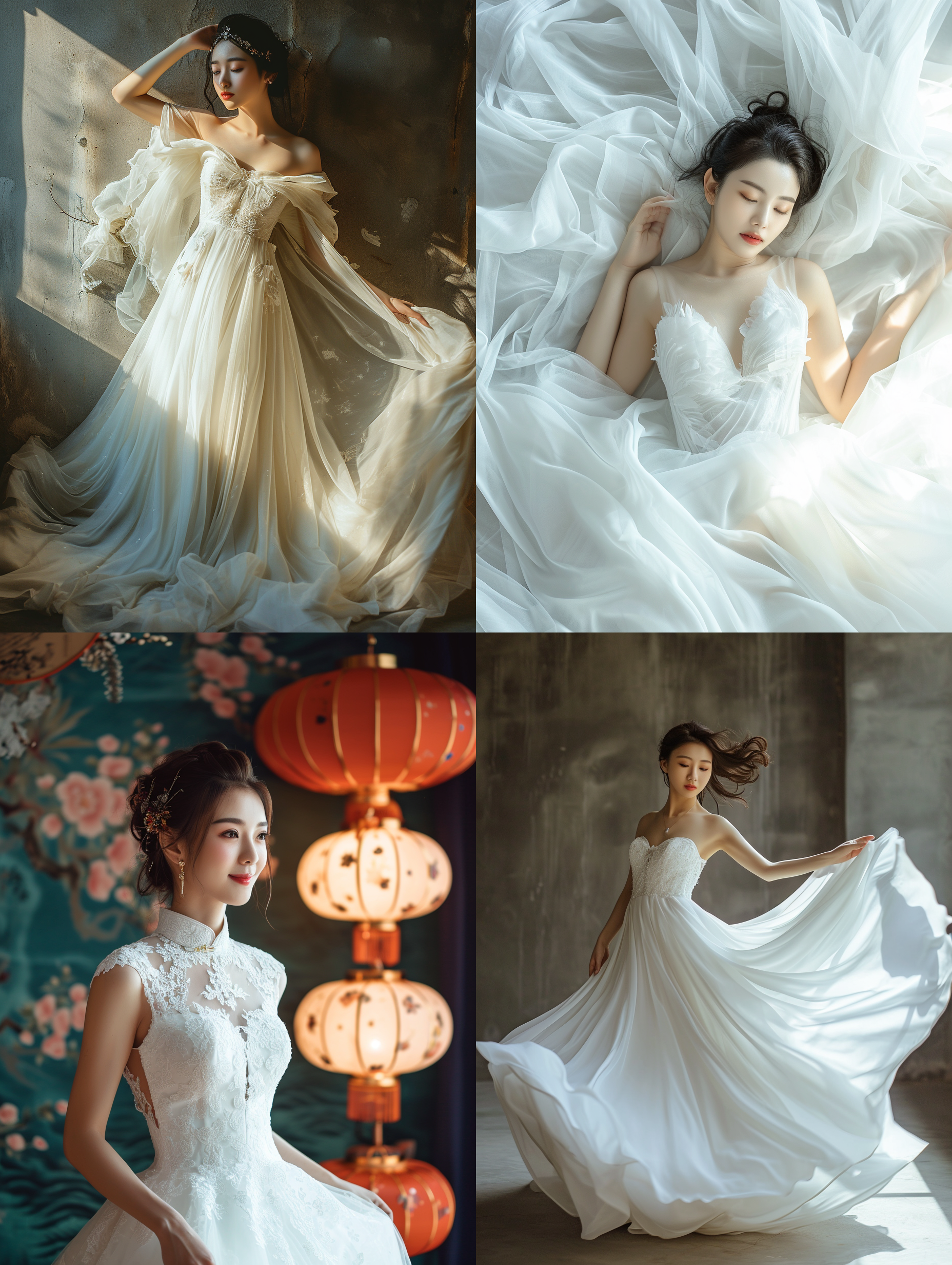 美丽的中国新娘穿着白色婚纱，日本摄影风格，俏皮，happycore，异想天开的色调，自然光，全身拍摄，8k uhd 全身 暖光