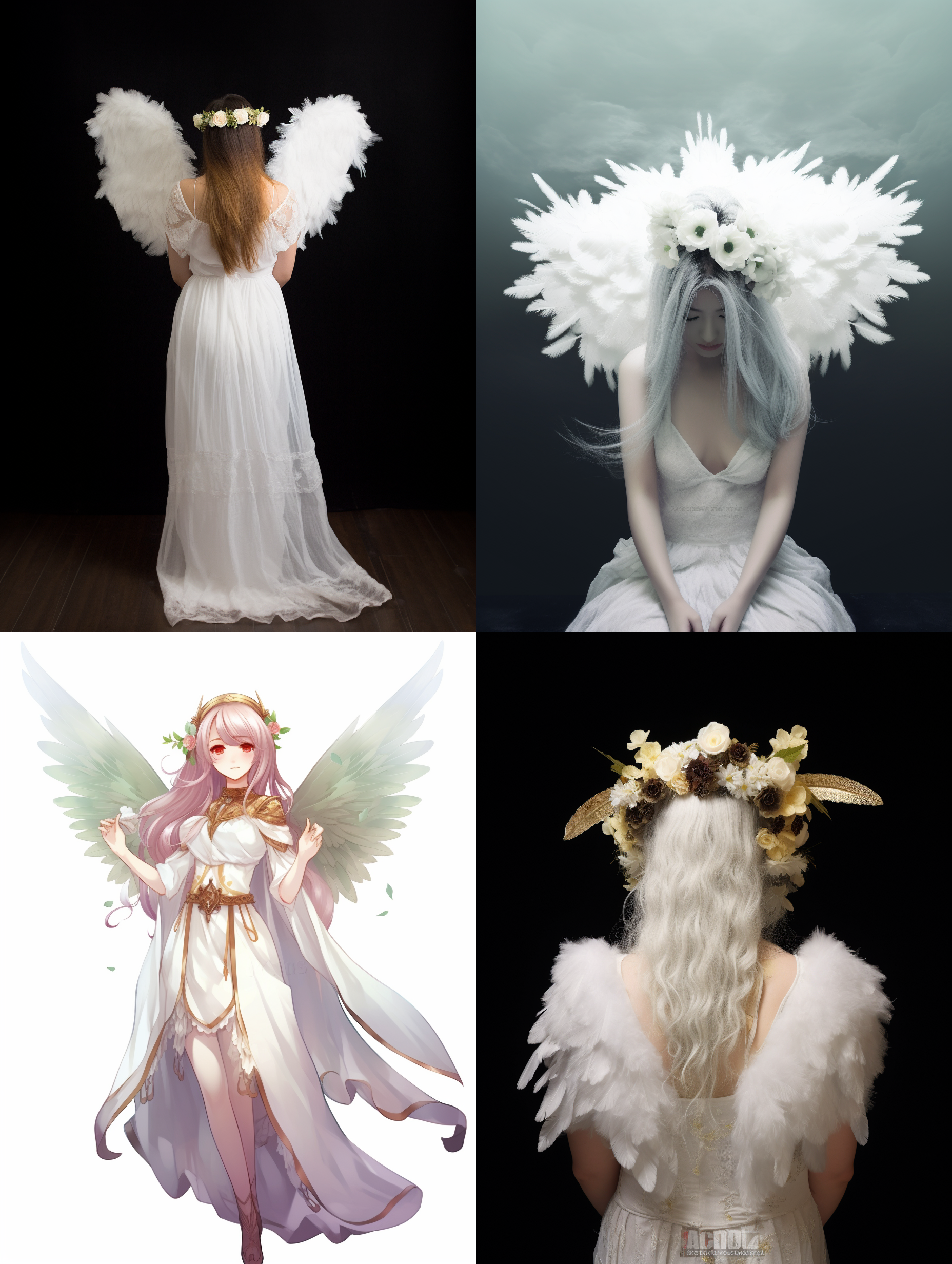 白色的纱衣服，头上戴着花冠，背后巨大的白色羽翼，天使
