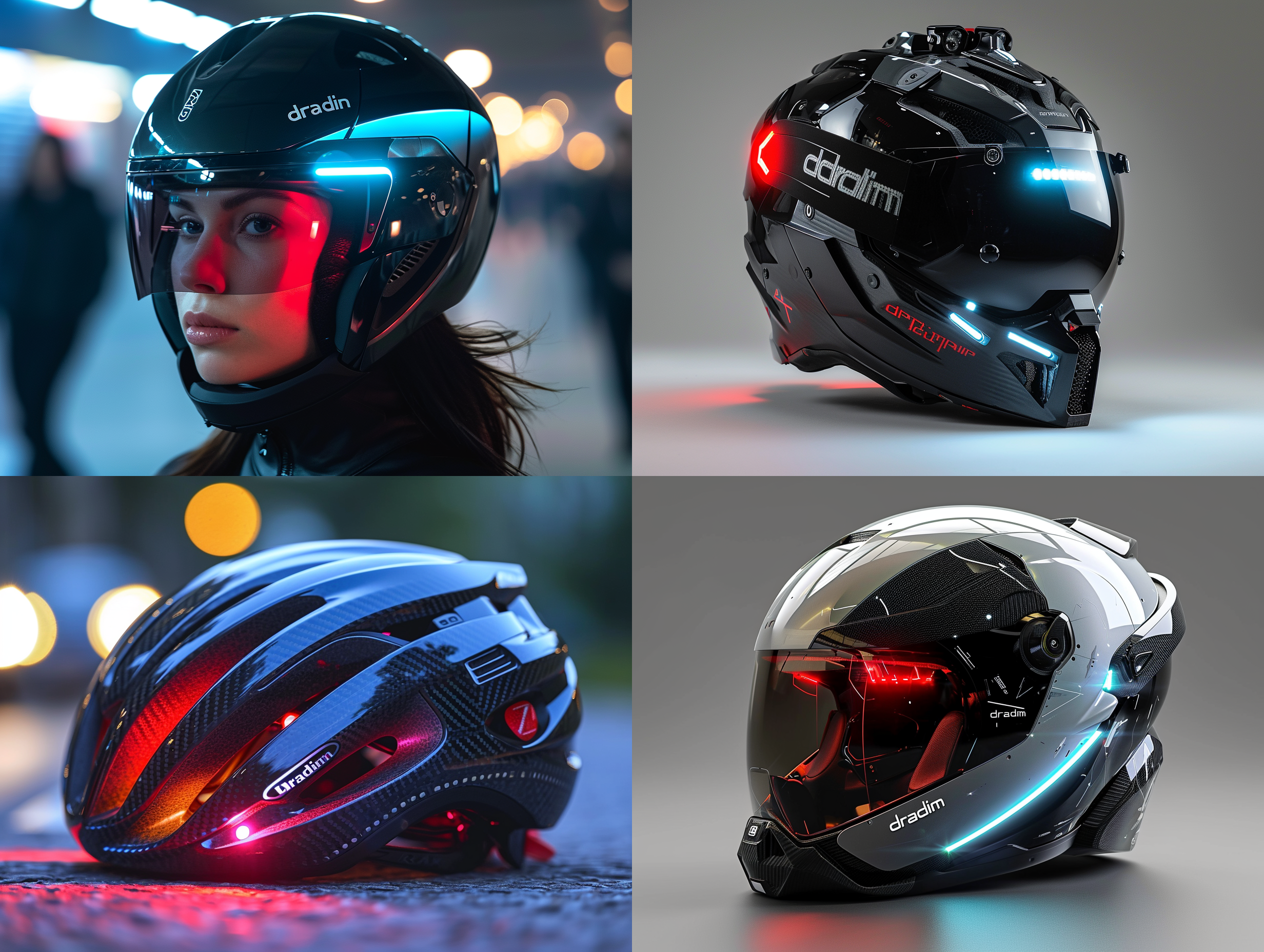 生成一款高端智能骑行头盔，满满的科技感，和科幻感，带有ar空气智能投影运动影像和数据的功能，并能与智能运动手表进行数据传送显示，用于显示，感应测量记录运动数据，头盔前部醒目的“dradim"商标字样，头盔为黑，红，蓝三色搭配，十足的高端头盔材质，前卫概念设计，符合人体工学和科技美学，徕卡专业产品摄影，8k超高清画质，专业产品摄影棚环境，专业产品摄影灯光，生成可分层处理的psd格式，色彩饱和，细节层次丰富