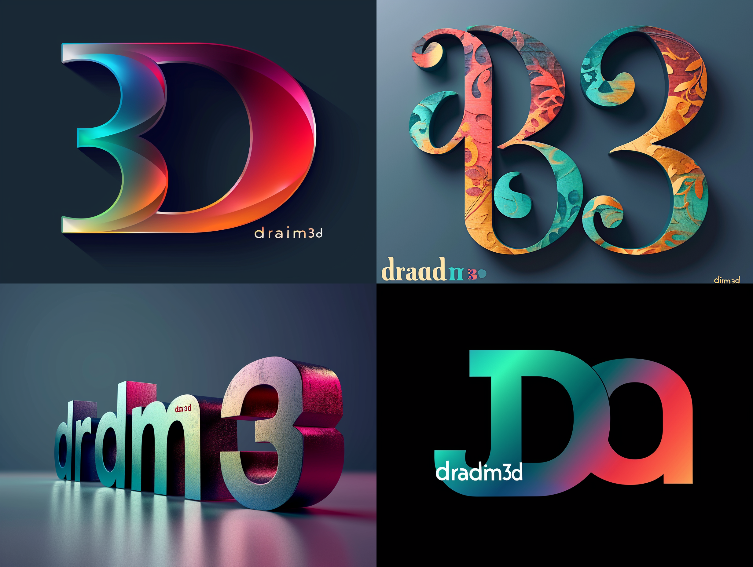 以”dradim3d"设计一个字母组合式logo ,字母数字排列完全相同不能缺少，极简主义风格，简单，以红绿蓝渐变颜色，顶级专业logo设计，