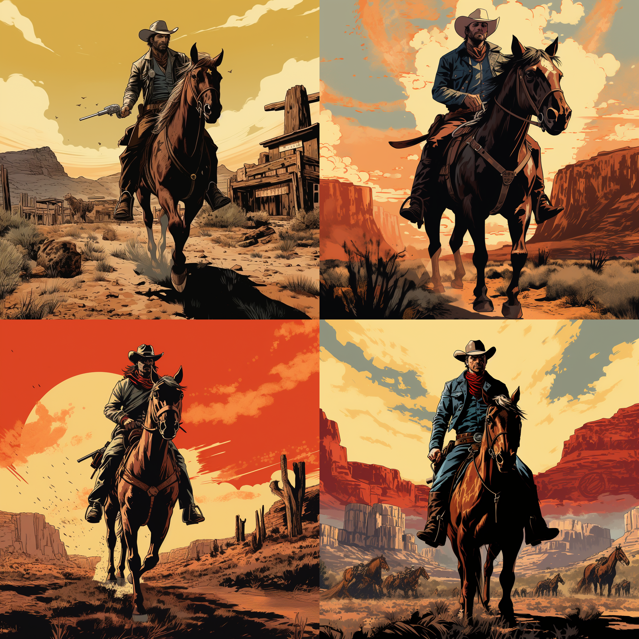西部牛仔，骑马，背景70年代美国西部，美式漫画风格