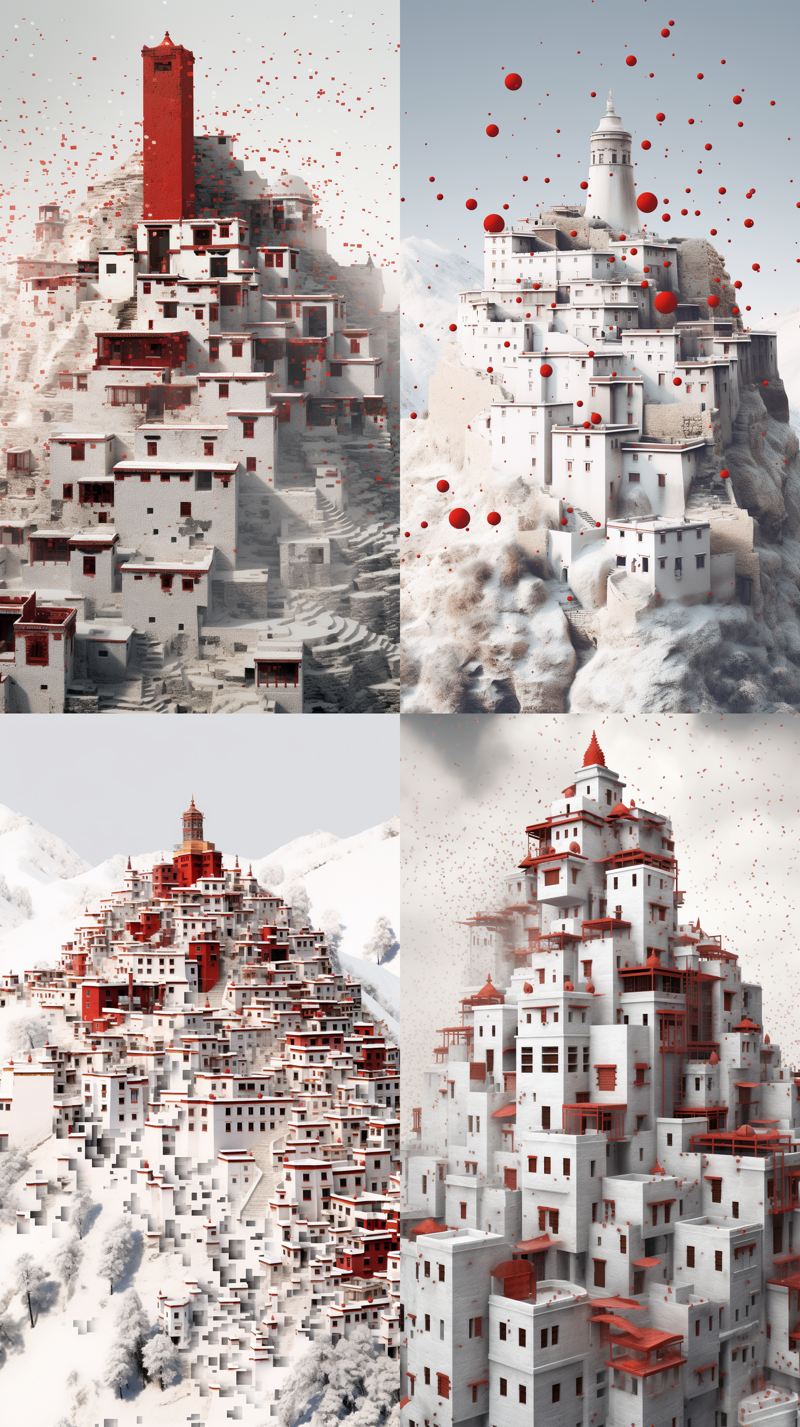 a shot of the tibetan fortress, in the style of abstracted architecture, white and red, pointillist optical mixing, ingrid baars, 32k uhd, visual harmony, serge marshennikov