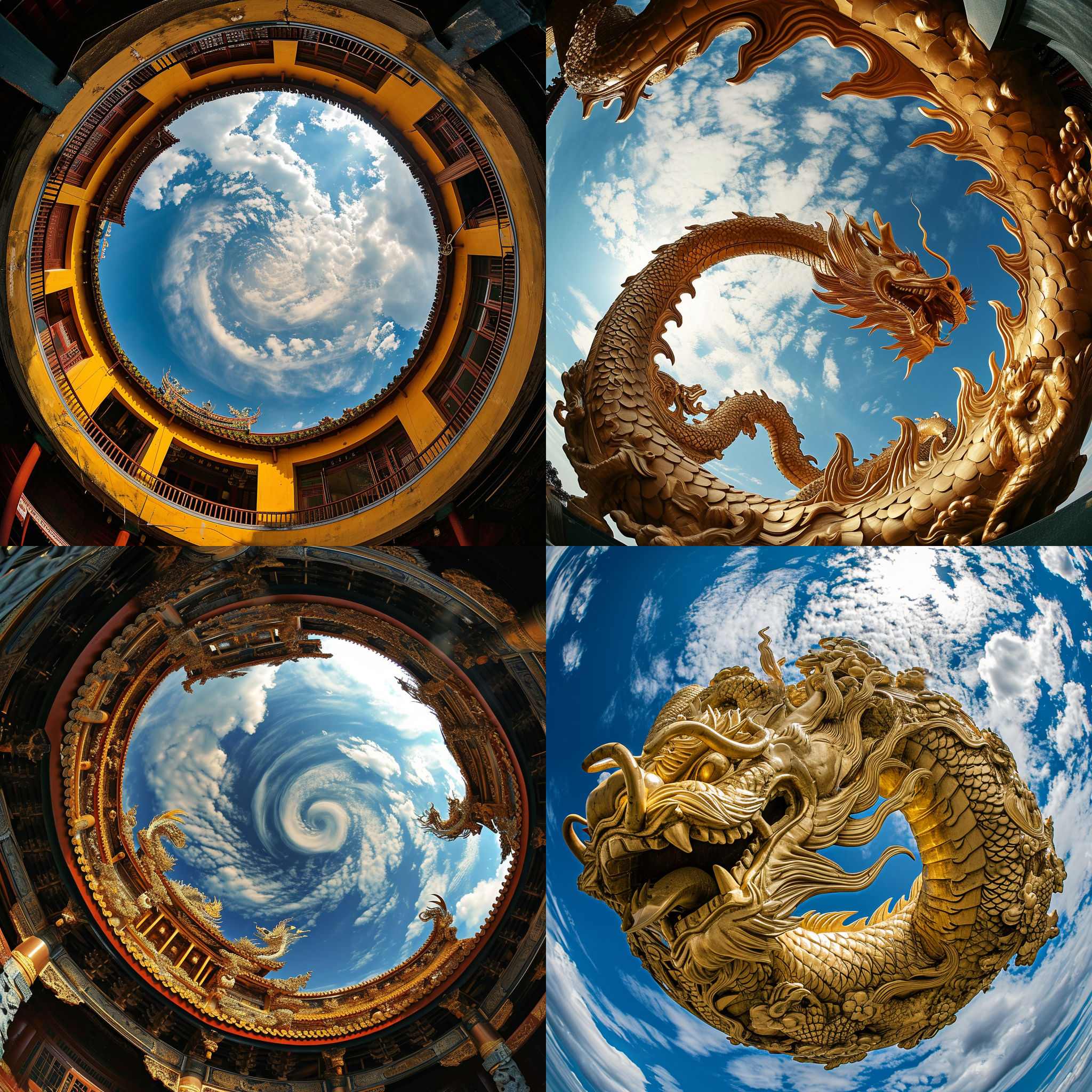 龙年大吉，巨大的金色龙卷云在晴朗的蓝天上盘旋。构图对称，远景广阔，细节丰富。鱼眼镜头，明亮的光线，飞速快门，动感十足。金黄色和蓝色相映成趣，给人希望和喜悦的情绪。