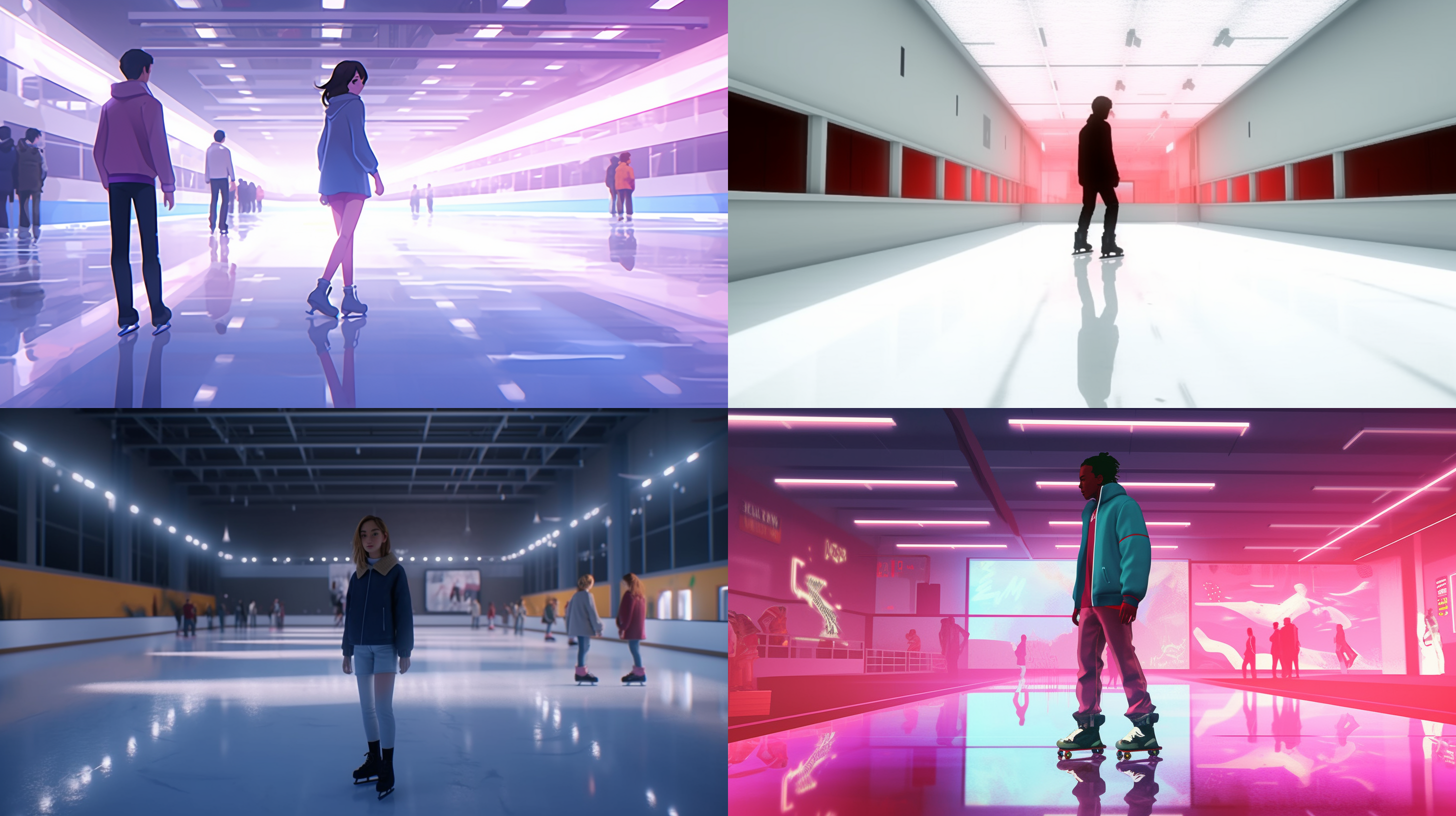 滑冰馆内，抖音软件显示虚拟人在解说培训青少年滑冰场景