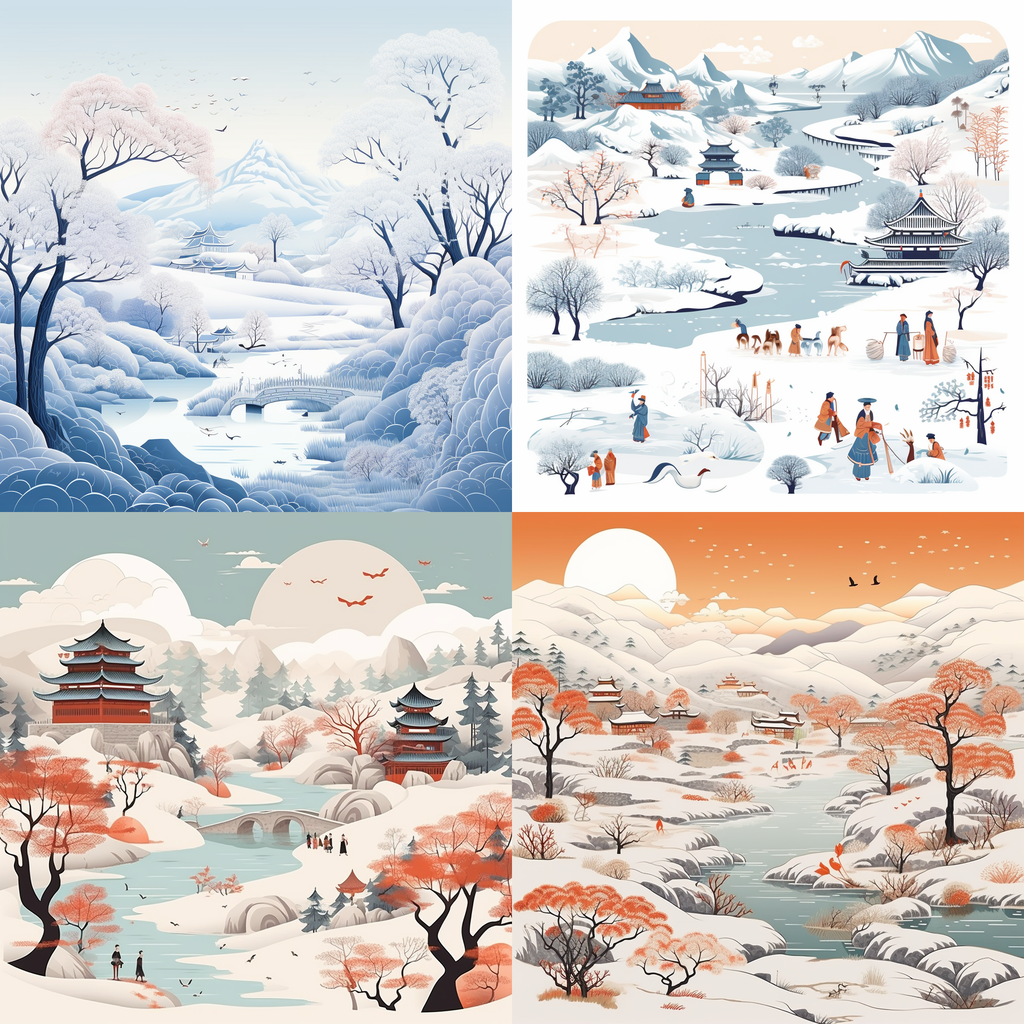 design a group with chinese characteristics, including landscapes, traditional culture, and illustrations，festivalrural china,winter,frost,dead branches,frozen water,landscape,gently pale white tones,bright background, clear background trend,clear outline light,white space at the top of the frame,flat illustration,victo nagi style,16k,