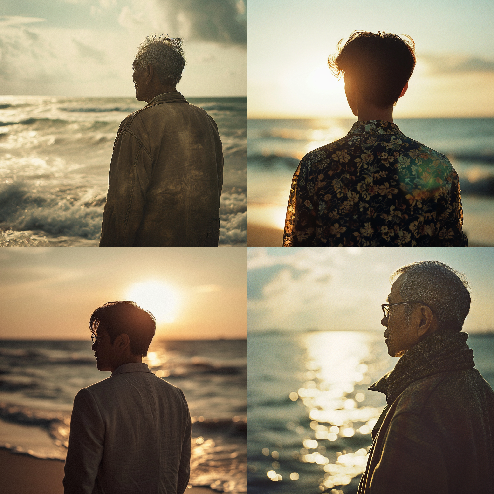 男中年背影照片，海滩，阳光明媚。构图简洁，主题突出。长焦镜头，背景模糊，突出人物。透过阳光穿过云层的效果，创造柔和的光影。暖色调，温暖、宁静。 中式赛博