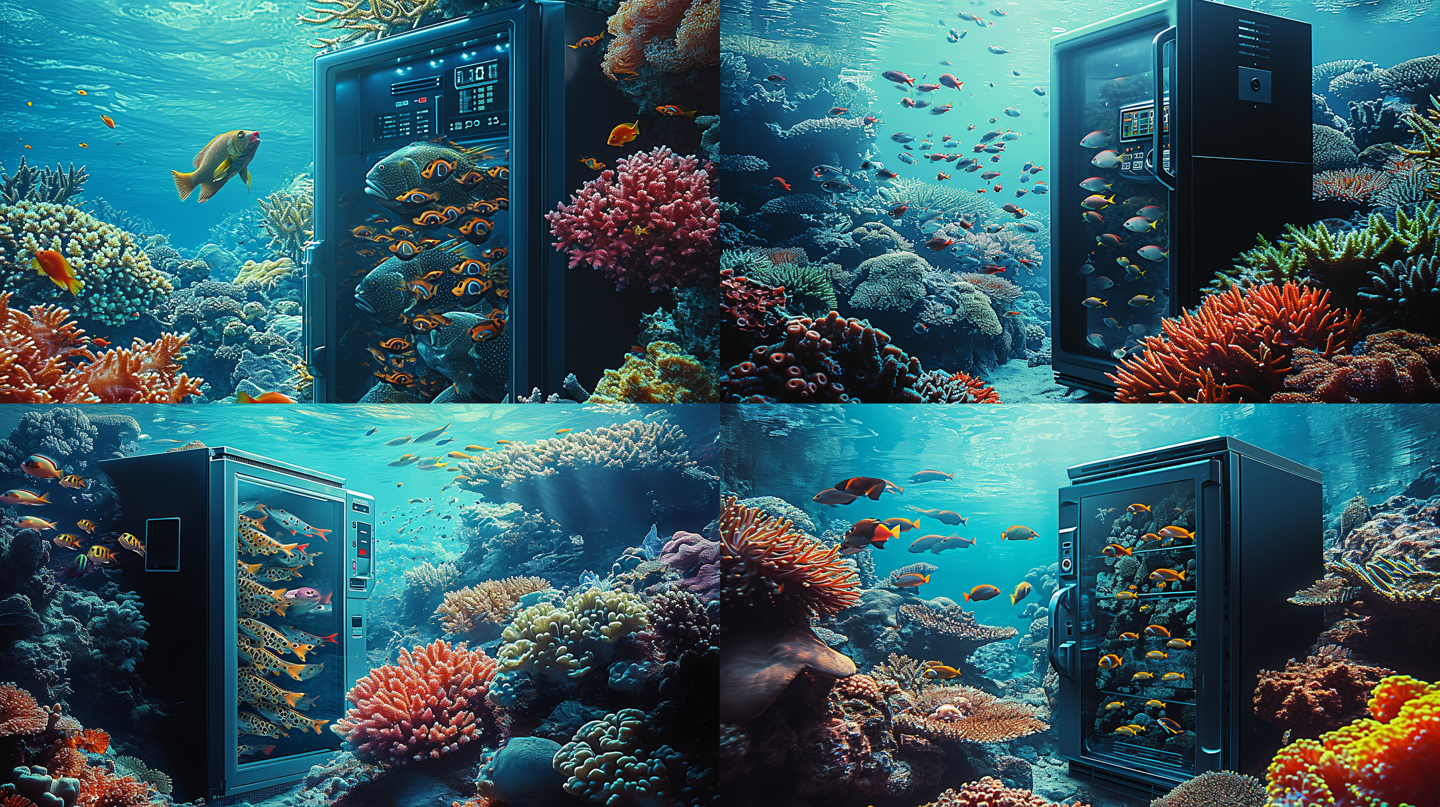 在海底，一大群六颜六色的大斑条鱼在珊瑚间游动，一个巨大的数字科技特征的超大冰箱，冰箱门已经打开，冰箱门上部有一把数字锁，冰箱上的大液晶屏显示超低温冷冻的数字，鱼游进了冰箱 里，有很多鱼在游动，冰箱壳体以产品结构线的形式呈现，海底彩色珊瑚礁，海草，，整体画面呈现一种海洋科技蓝的主色调，体现海产品数字 科技保鲜的感觉，顶级的海底摄影效果和画质 ，科技美学，色彩层次丰富，画面细节丰富，体现数字科技与海产品保鲜的应用的特征。 