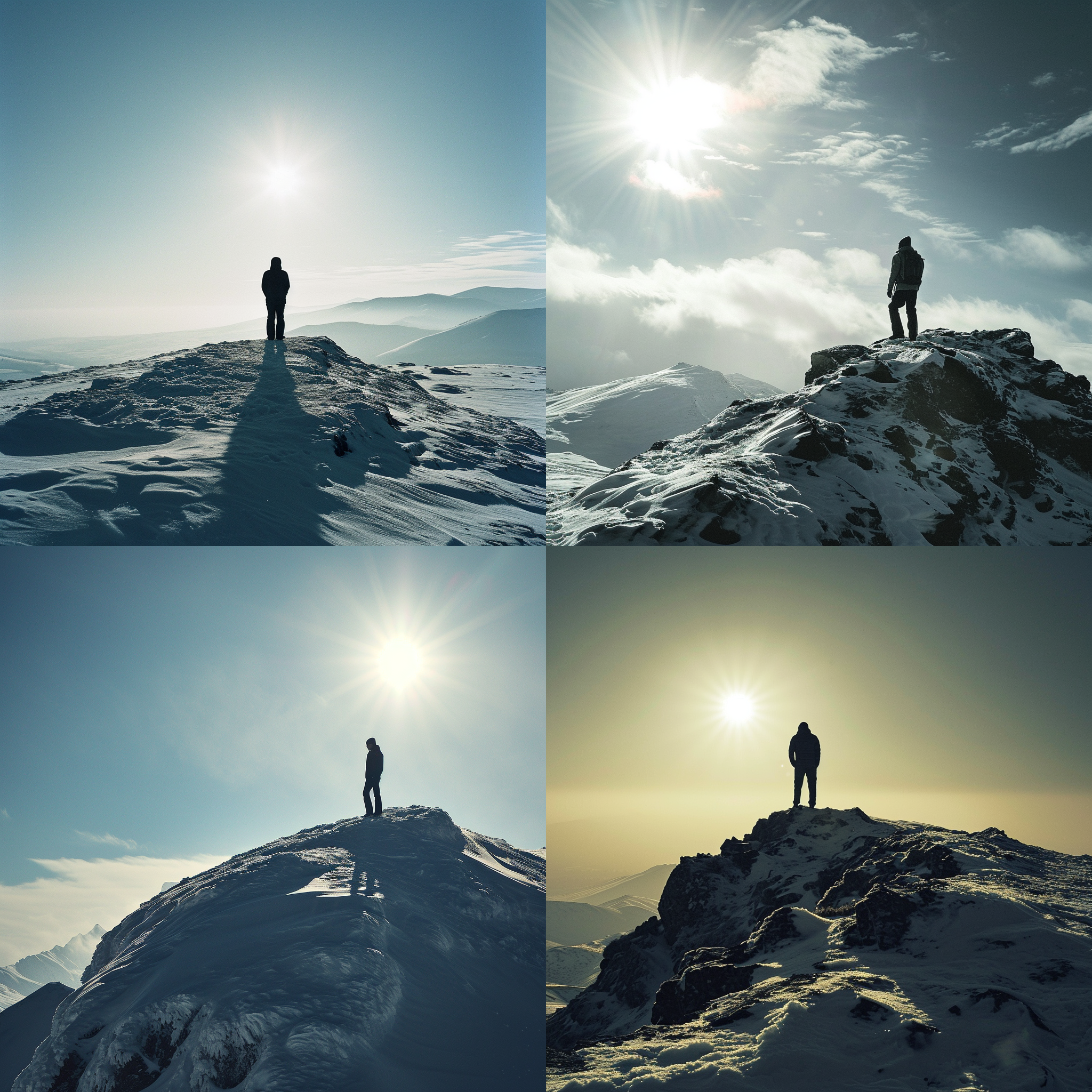 男子背影矗立在雪山之巅，阳光明媚照耀下。构图简洁大气，男子身形显得高大挺拔。使用远焦镜头，突出山峦的壮丽景色。光线柔和，给人温暖感。男子似乎在欣赏远方美景，脸上流露宁静与满足。 丁达尔效应