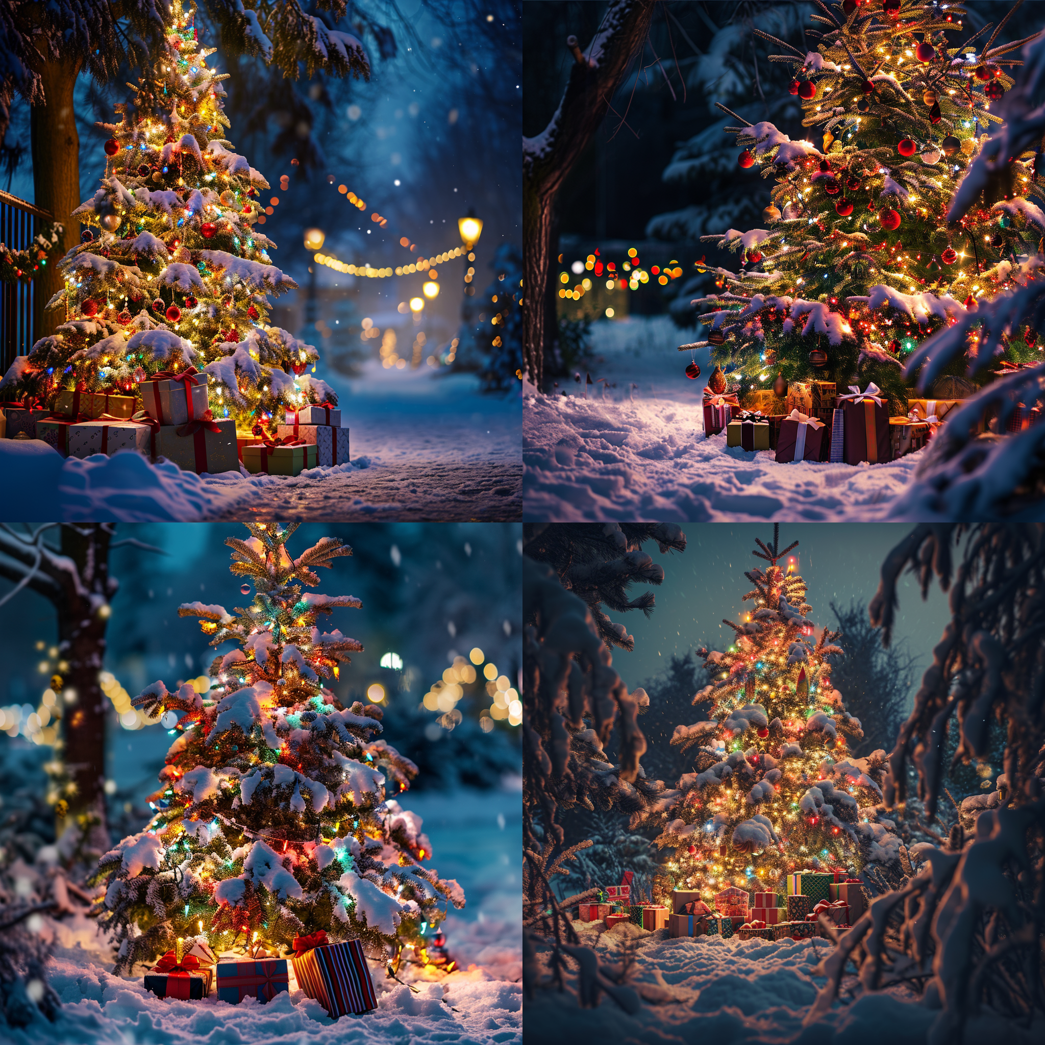 圣诞树室外，张灯结彩，礼物堆放。夜晚，雪地上，一棵巨大的圣诞树被五彩缤纷的灯光装饰着。树下堆满了各种大小的礼物。整个场景充满了喜庆和温暖的氛围。拍摄使用远景镜头，光线柔和，色彩鲜明，呈现出圣诞节的欢乐和祥和。 丁达尔效应 丁达尔效应