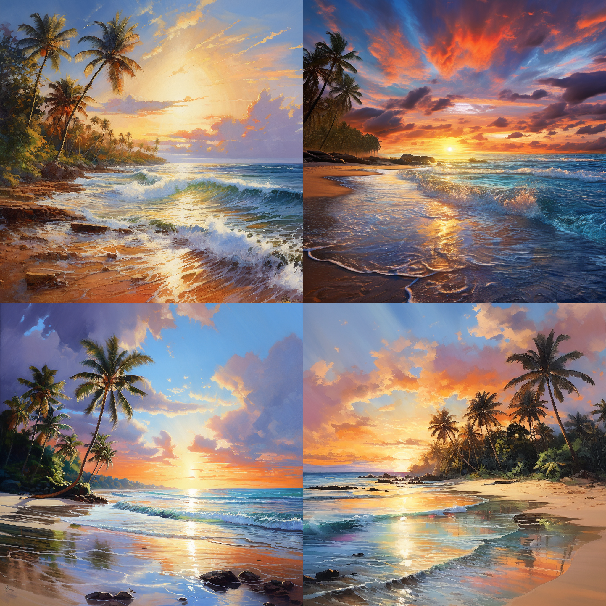 海面晨晖，生成明亮宏大颜色，蓝天白云，银白色沙滩，金色夕阳，椰子树，辉煌的太阳照耀天空，清晰的椰子树