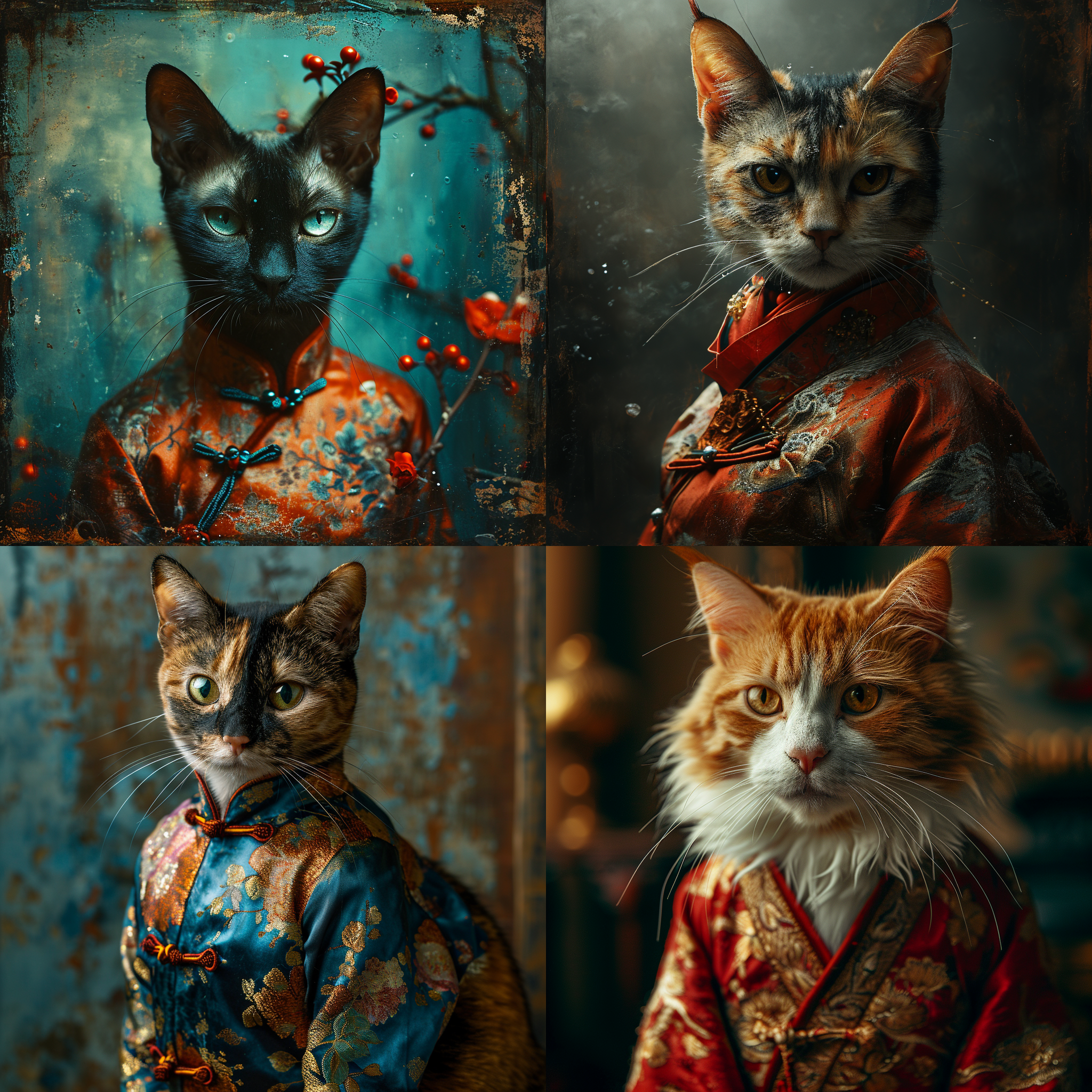 穿上海旗袍的猫，正面，肖像，电影质感