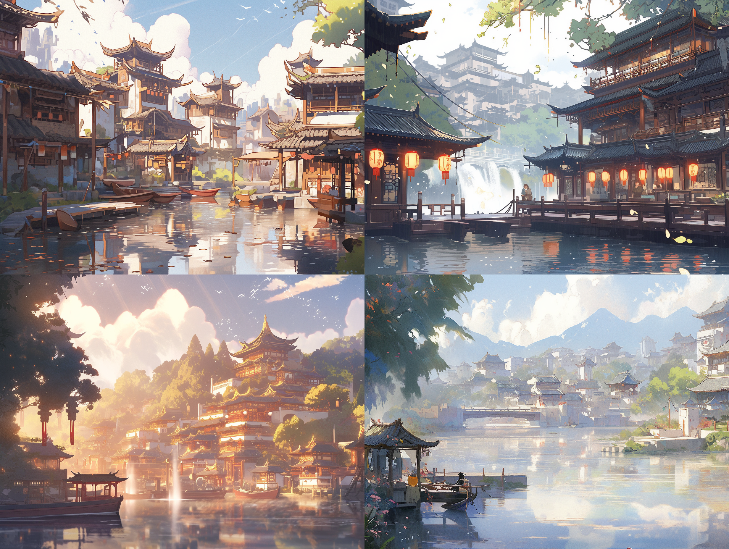 江南水乡，动漫美学风格封面，光线的现实主义描绘，精致的幻想世界，数字绘画，莫兰迪色，互补色配色 超级高分辨率 大文件 风景