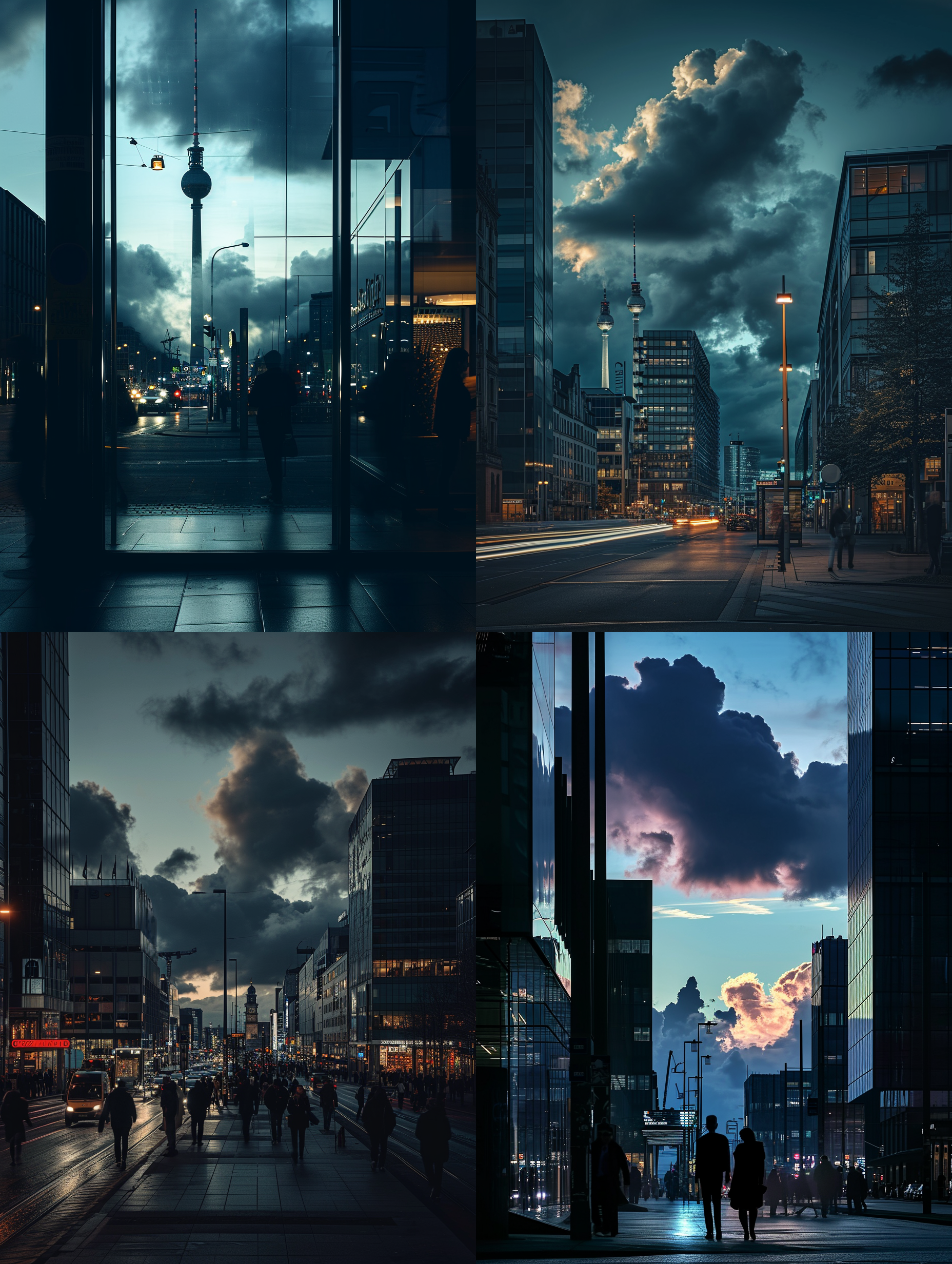 柏林之声，夜晚城市景观。建筑轮廓映衬在绚丽的照明下，大片云彩漂浮在天空中。宽广的街道上，人们穿梭而行，车辆行驶。透过长焦镜头，捕捉到远处的著名地标。强调高层建筑的立体感和光影效果，冷色调突显城市的现代感与繁忙氛围。活力、现代、繁忙、城市、夜晚、街道、建筑、长焦镜头、冷色调、光影效果。