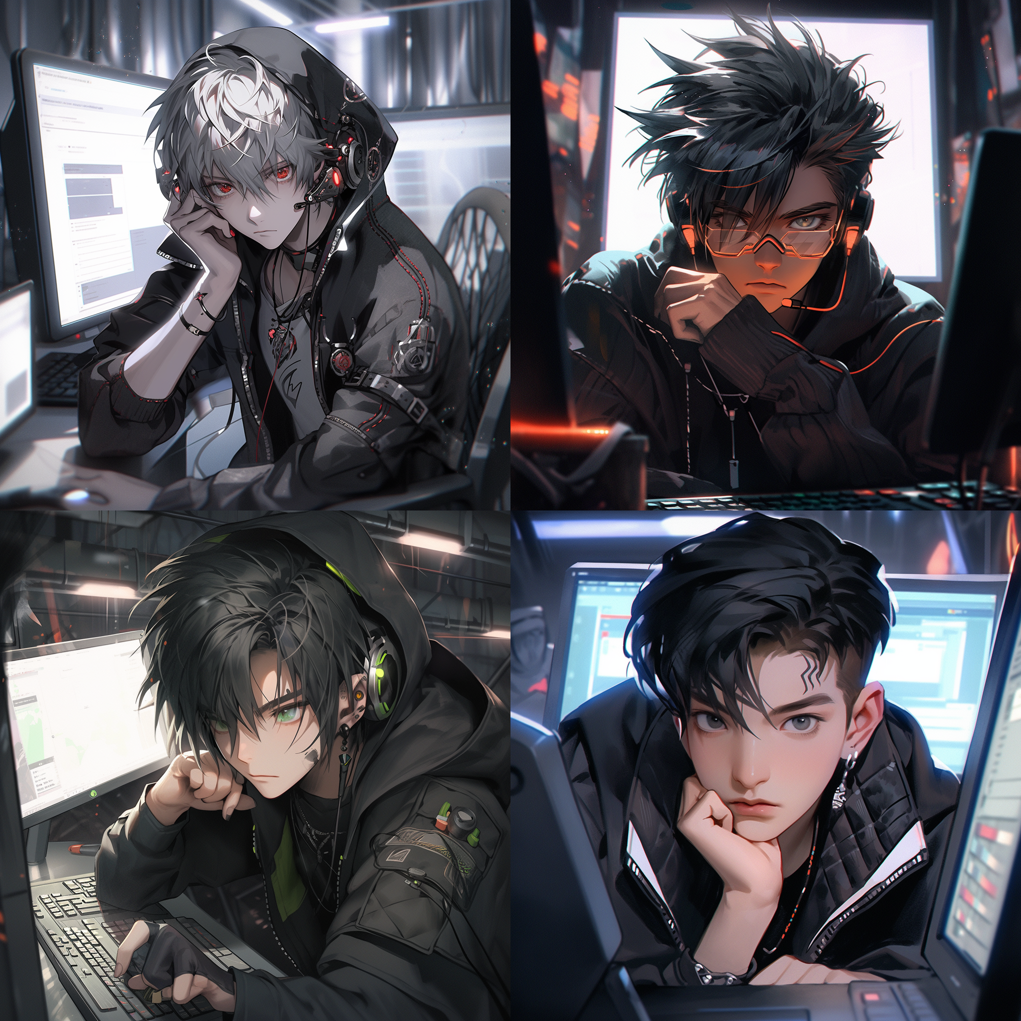 chinese boy, graphic designer, sit in front of the computer, a 3d face, handsome, wearing a silver-bordered eye, he wears a stud ear in his left ear, a soft light, national style, cyberpunk, two-dimensional style