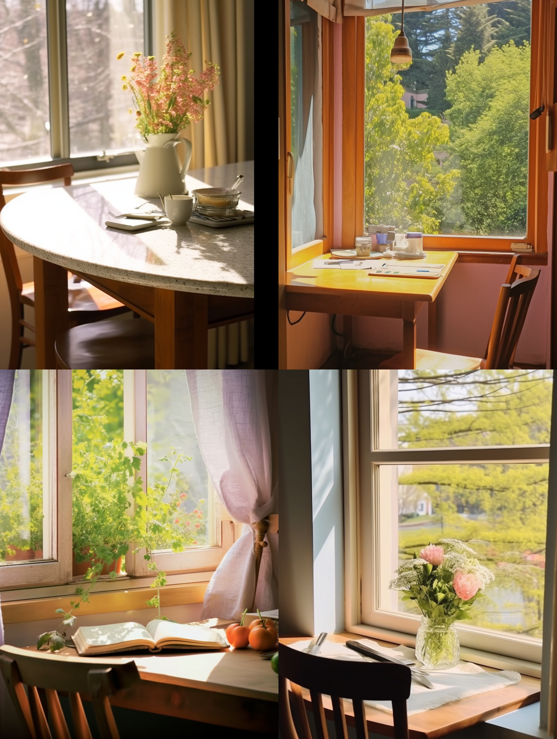 厨房台面上的阳光照射下来，创造出温暖而明亮的光感。构图以台面为主体，透过窗户可以看到室外的树木和花园景色。使用广角镜头捕捉整个场景，色彩鲜明，细节丰富。阳光透过窗户投射出柔和的阴影，营造出宁静而温馨的氛围。