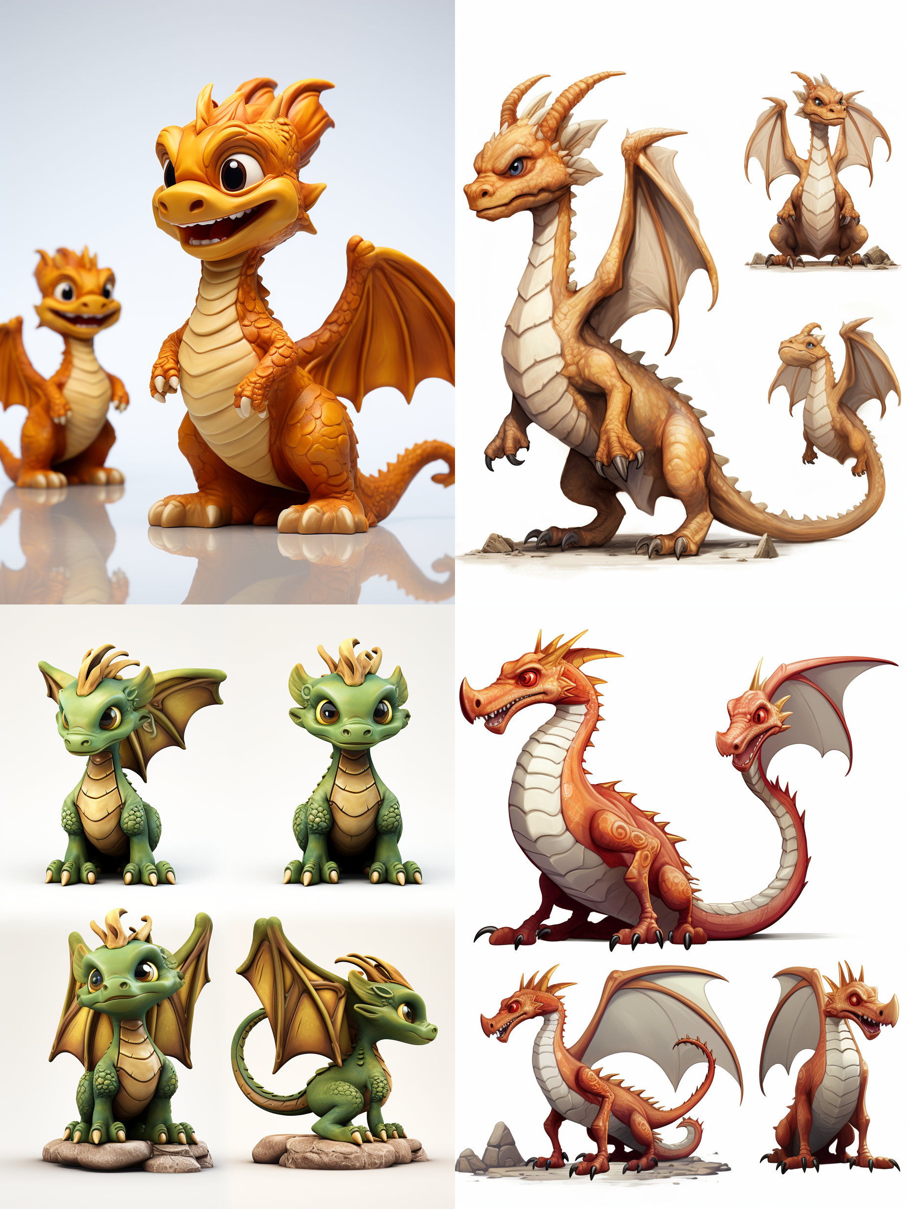 一款卡通龙人、3视图，正面，侧面，背面，白色背景，细节丰富， 动画艺术