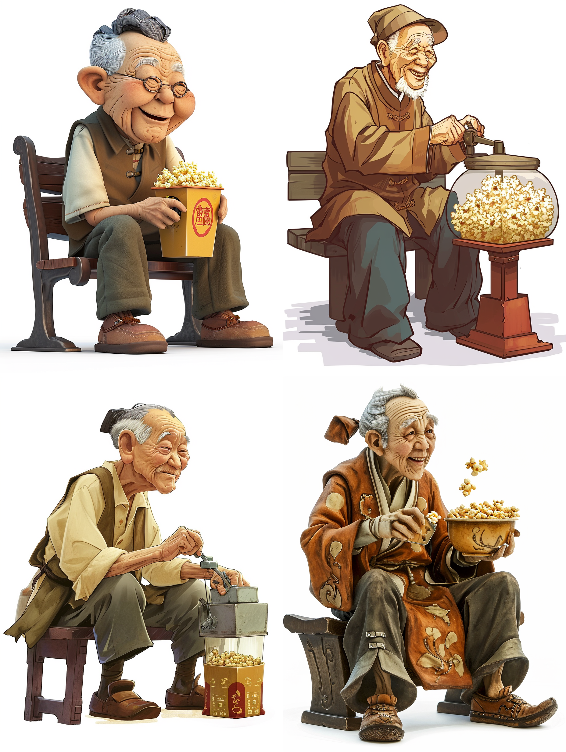 坐着板凳的一个中国卡通老人，手摇大肚子爆米花机，专注，快乐，白色背景
