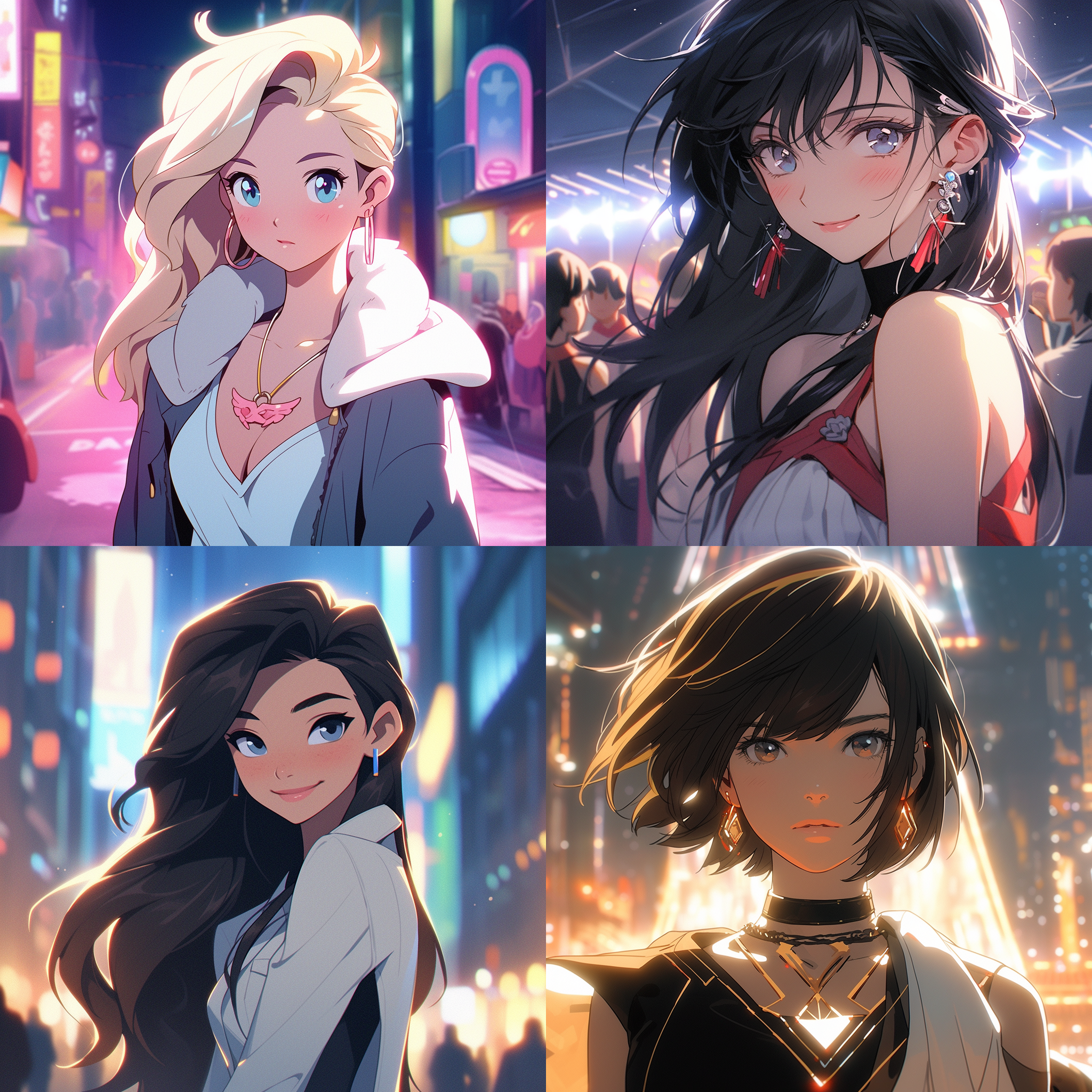 动漫风，艳大方的少女，站在城市霓虹灯下，背景是高楼大厦。她穿着时尚的衣服，戴着夸张的耳环，自信地微笑着。照片使用广角镜头，捕捉到她的活力和青春。色彩鲜艳，对比强烈，充满了动感和活力，让人感受到她的魅力和自信。 海报风格 宣传海报