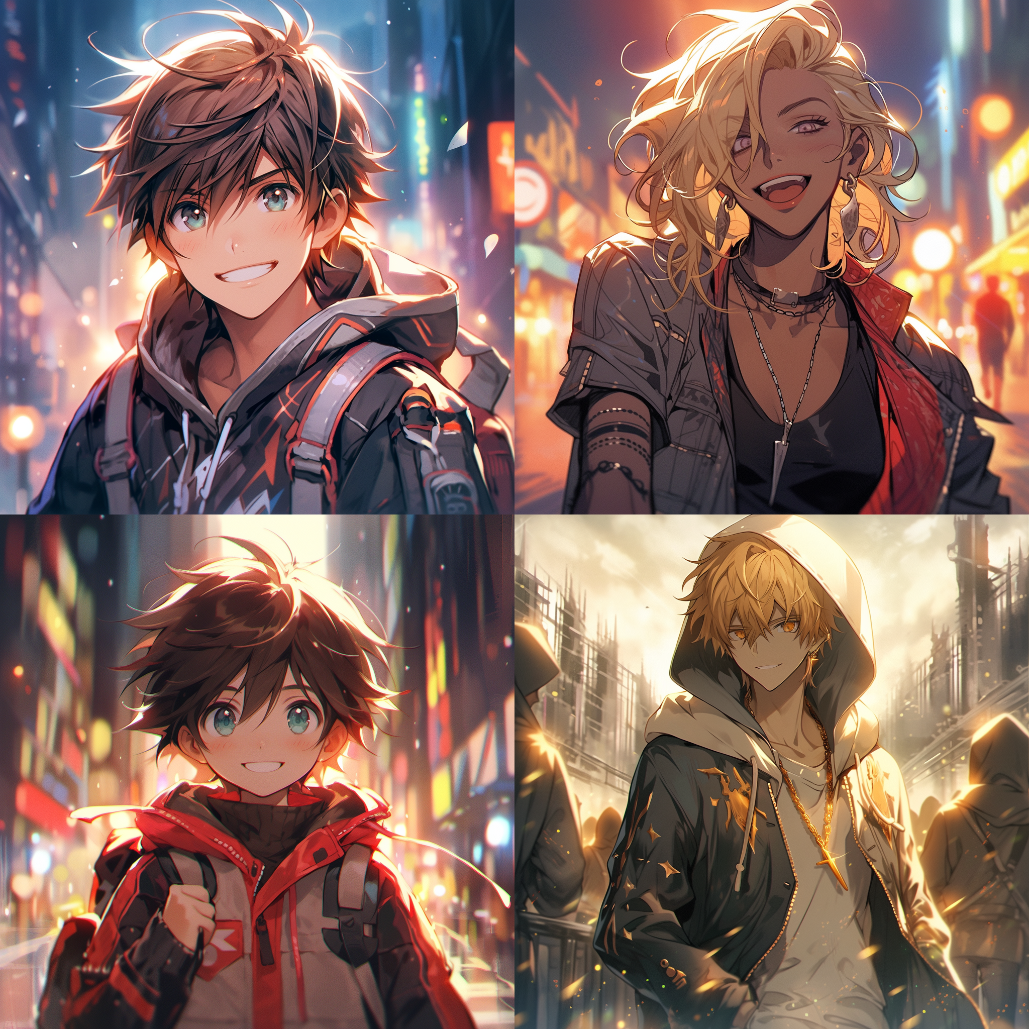 动漫风，阳光开朗的男孩，站在城市霓虹灯下，背景是高楼大厦。她穿着时尚的衣服，戴着夸张的耳环，自信地微笑着。照片使用广角镜头，捕捉到她的活力和青春。色彩鲜艳，对比强烈，充满了动感和活力，让人感受到她的魅力和自信。 海报风格 宣传海报