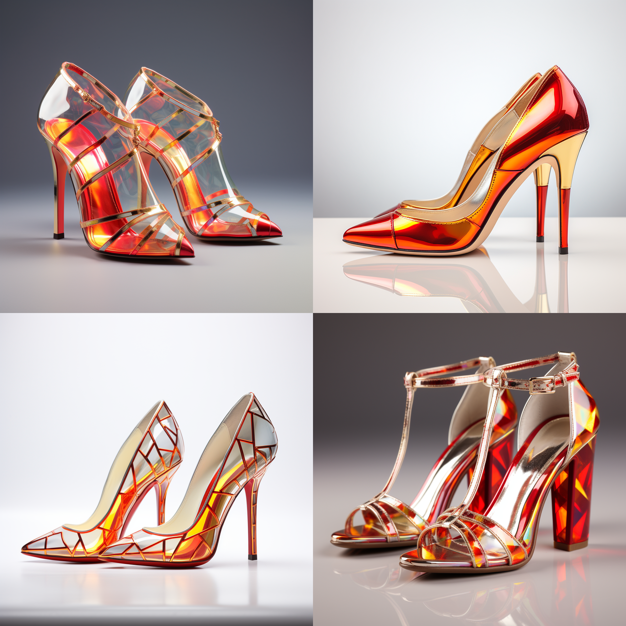 一双红色金底高跟鞋子，白色背景下，明亮的色彩，巴黎时尚，全息投影，前后对比，简约构图，闪光灯照明，细节突出，时尚感，活力四溢。