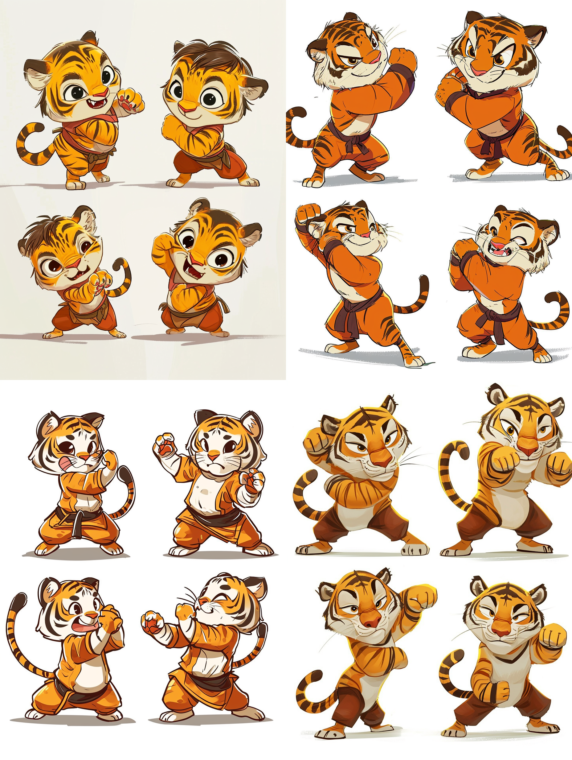 一只卡通功夫老虎在打拳，表情可爱，4个动作不同，以列阵的方式进行gif动画，白色背景， 动画艺术