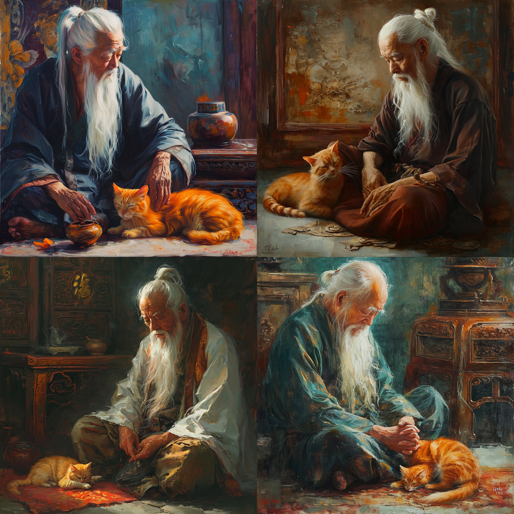 油画风格，中国古代主题，一位中国古代男子，有飘逸的白发和白胡子，盘腿端坐，低头闭眼，一只橘色小猫趴在他旁边，中国古建筑道观，宏观视角，柔和光线，