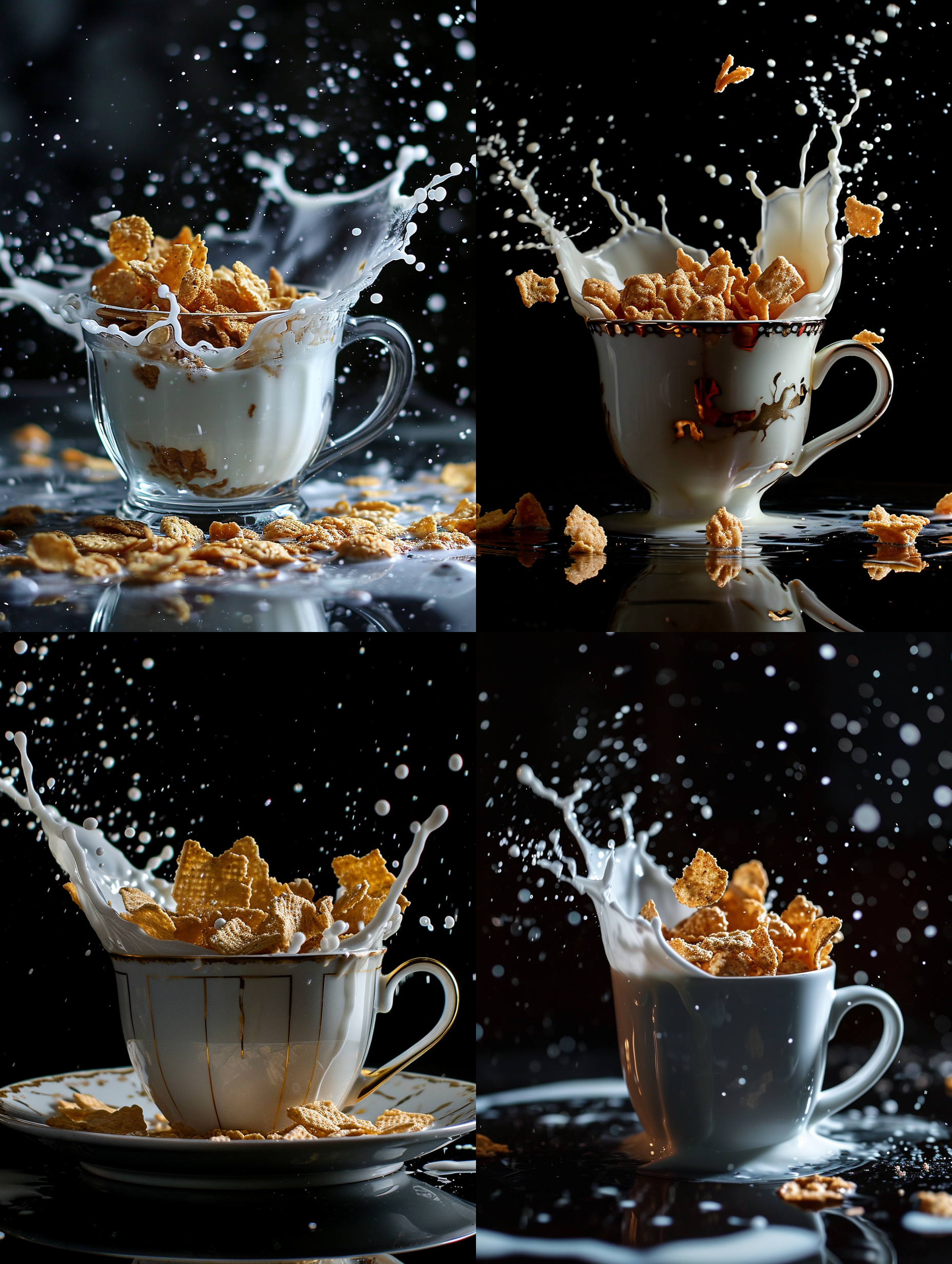 一个杯子里装着牛奶和麦片，有溅起来的，黑色背景