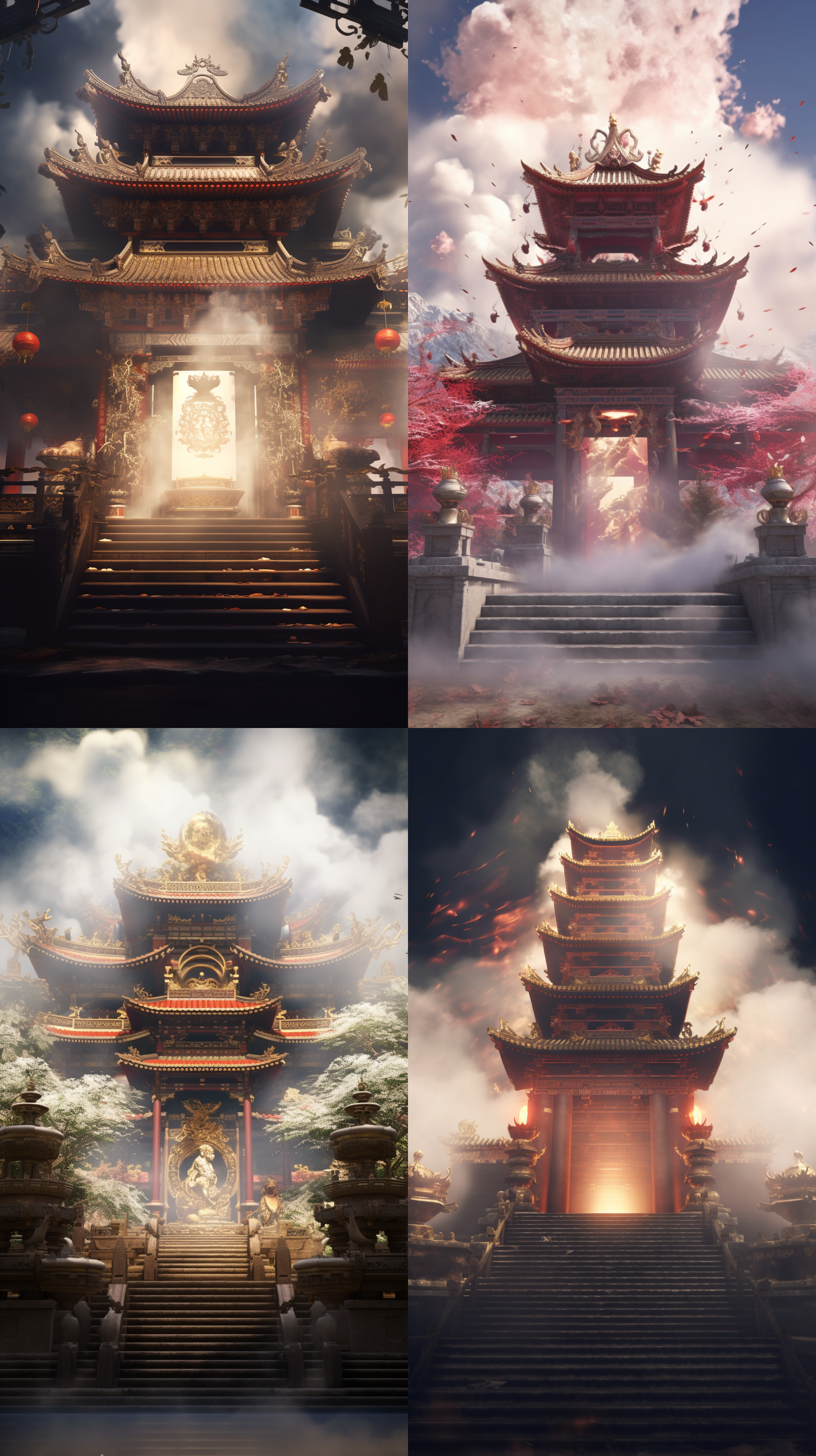 中国传统通天祭坛，云烟缭绕，仙气十足，细节丰富，灯光效果突出，艺术站风格，高清图片质量，虚幻引擎渲染。