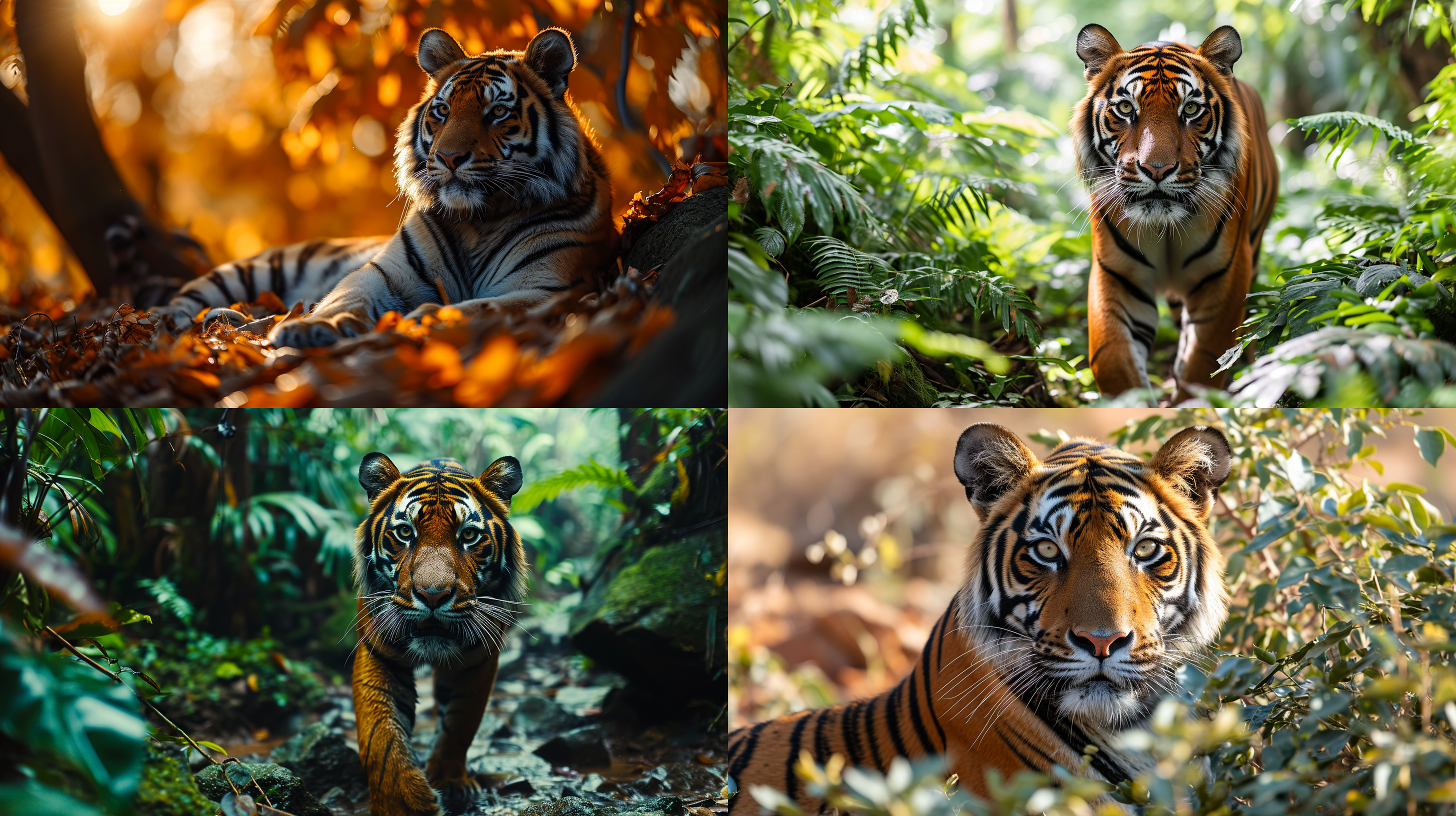 in the lush heart of the jungle, a fierce wild tiger moves with graceful power, its sharp gaze and rippling muscles ready to strike. unpolluted by civilization, its vivid stripes camouflage among the dappling sunlight, while a deep roar echoes, declaring its dominion as it stealthily stalks prey, embodying the raw survival instincts and territorial command of nature’s most majestic predator.