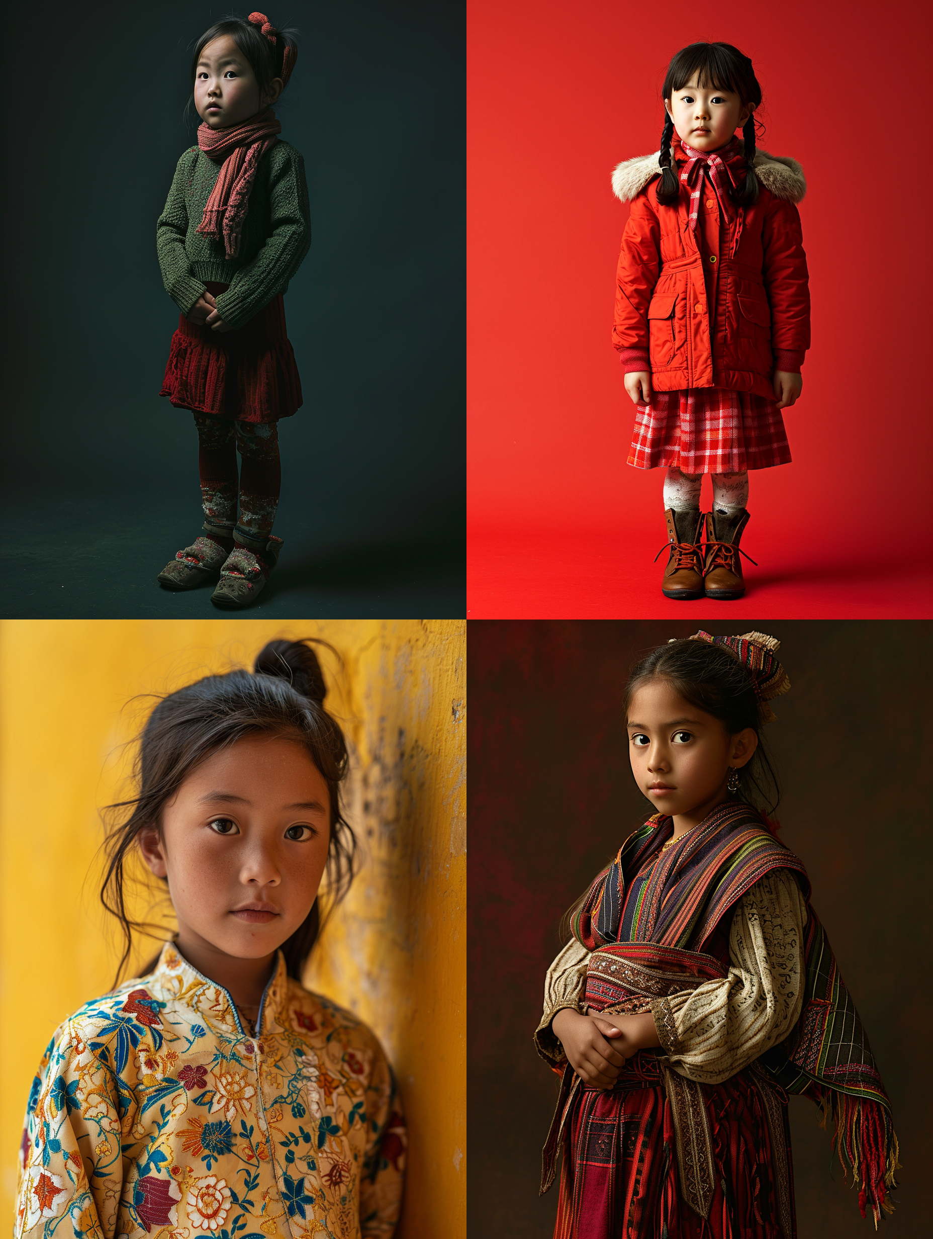 一个东方小女孩，纯色背景，摄影纪实，莱卡镜头 中景，全身，面对镜头 