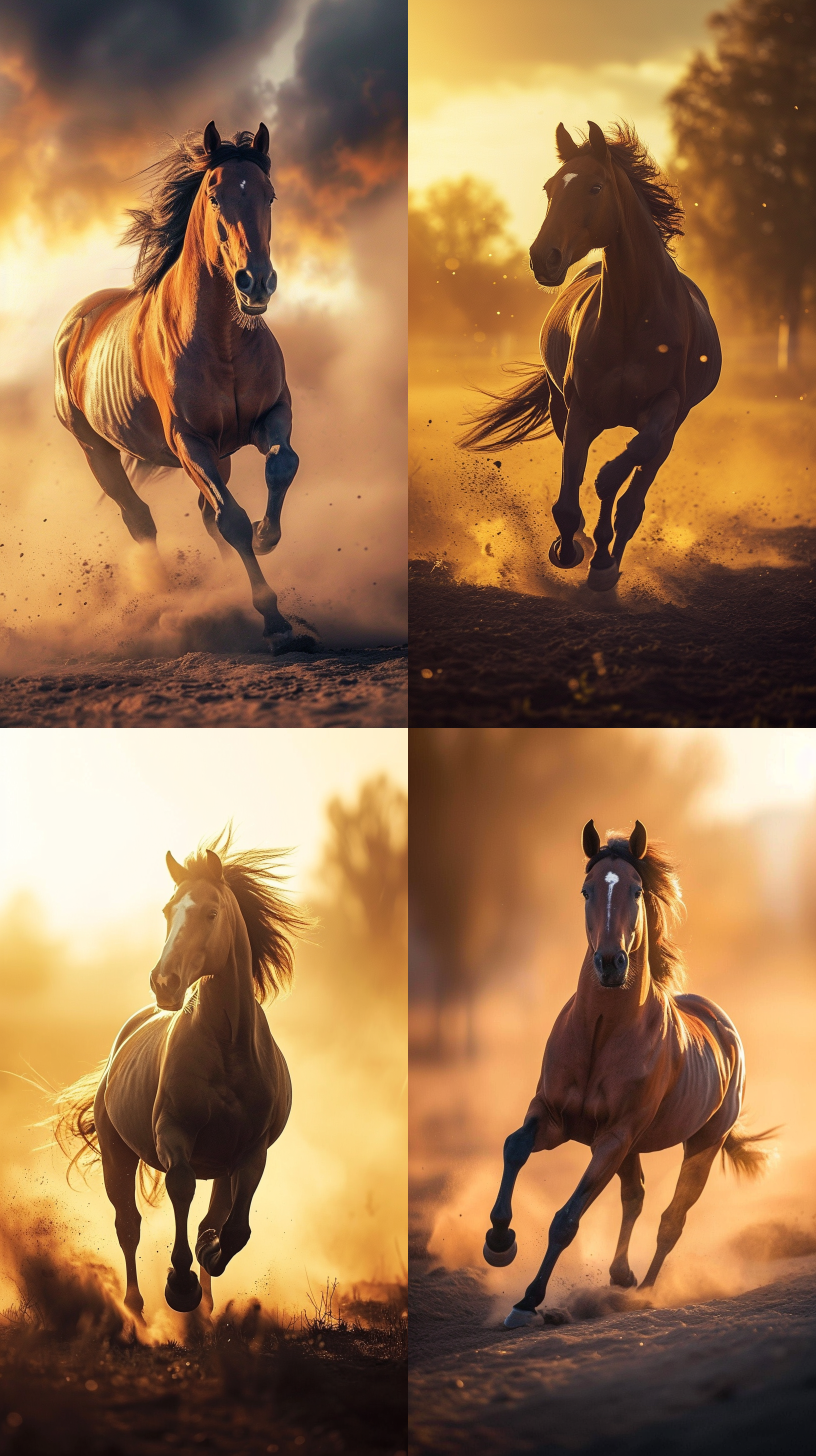 霞光照耀，热情奔放的色彩，动感十足的马匹，速度感爆棚，壮丽的景象，迷人的风景，激情四溢，带来一种自由和冒险的氛围。飞驰、逆光、尘土、电影场景、长焦、背景虚化、沙漠、落日、霞光、速度、热情。