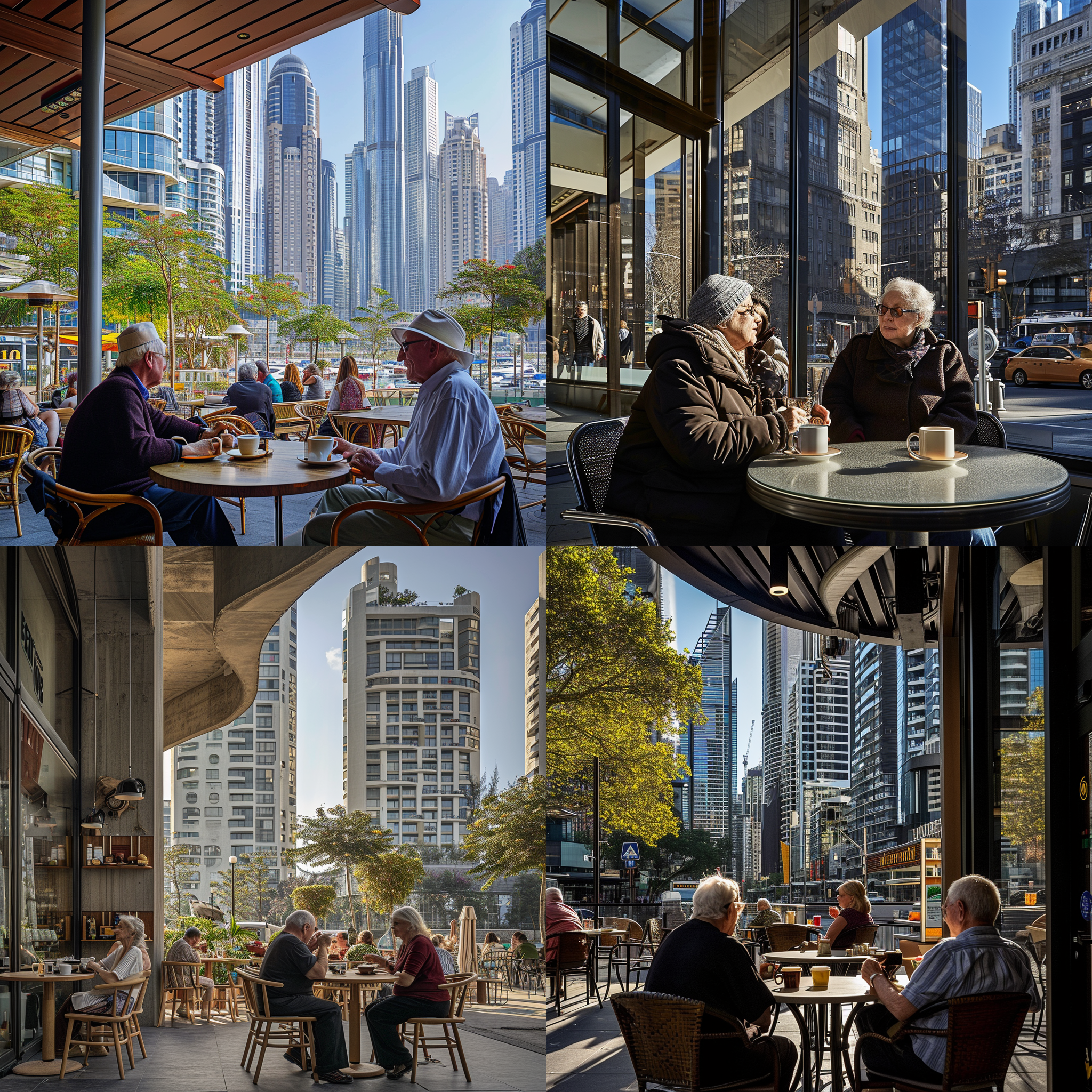 迷人的建筑摄影，以房地产为特色，老夫妻在街边的露天咖啡店里享受咖啡，背景是高耸入云的建筑，令人惊叹 当代建筑