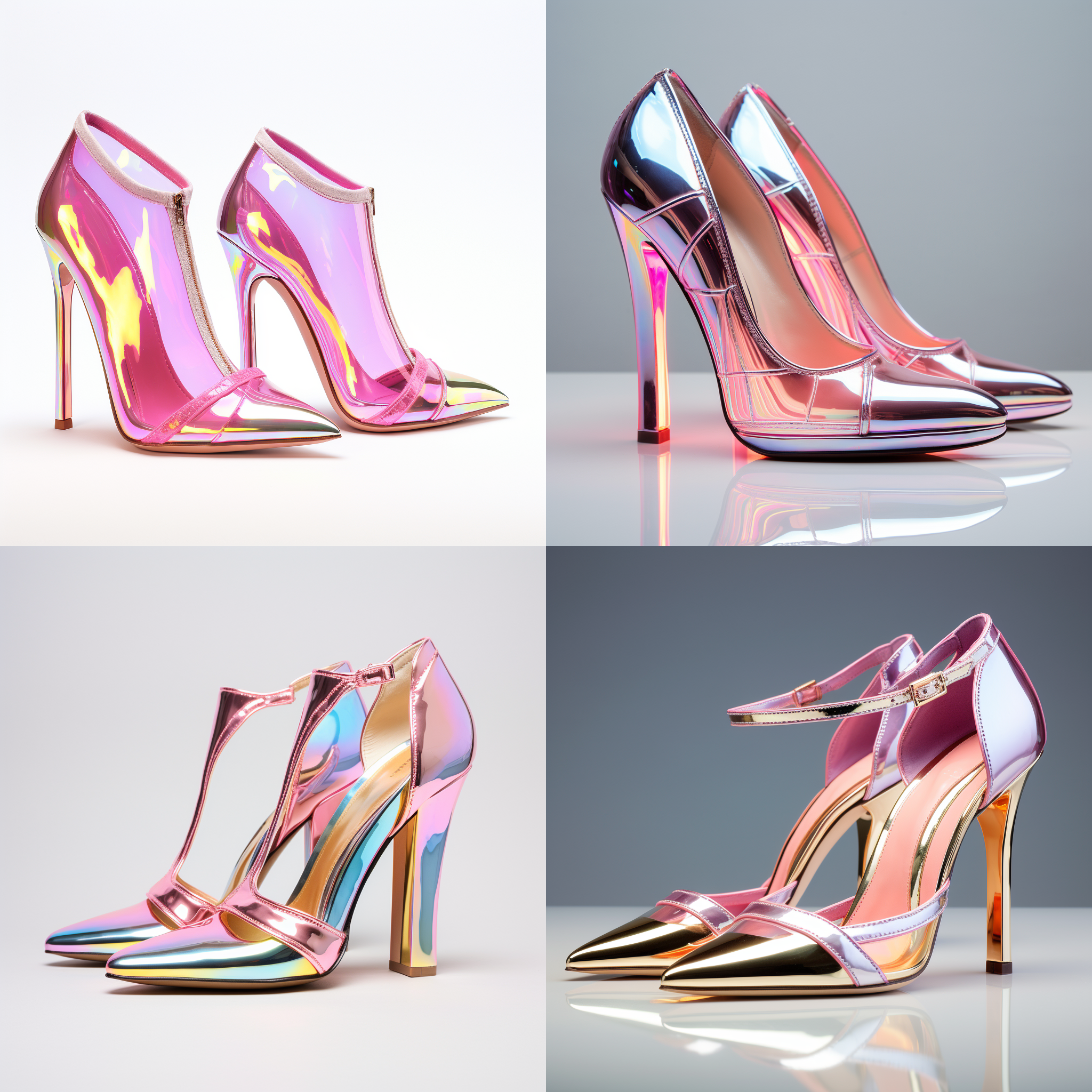 一双粉红色金底高跟鞋子，白色背景下，明亮的色彩，巴黎时尚，全息投影，前后对比，简约构图，闪光灯照明，细节突出，时尚感，活力四溢。