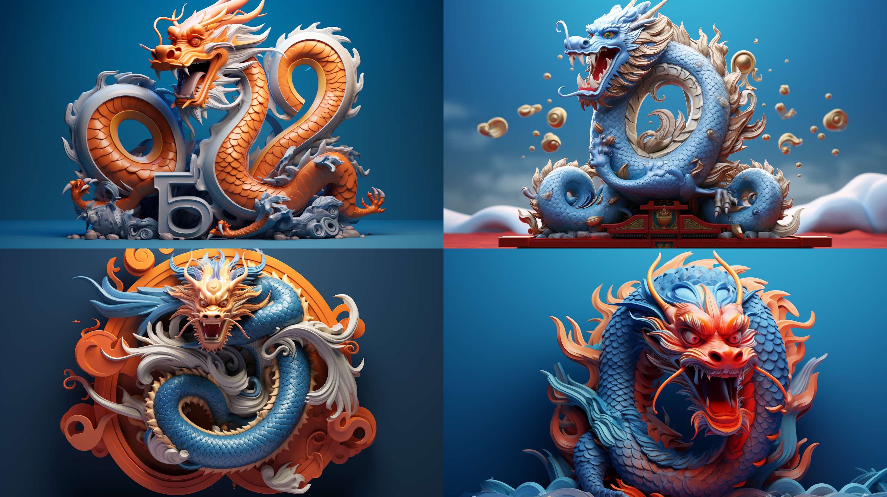 a dragon with the year of the dragon in the middle of it's image, with a blue background, 3 d render, a 3d render, adrian zingg, international typographic style