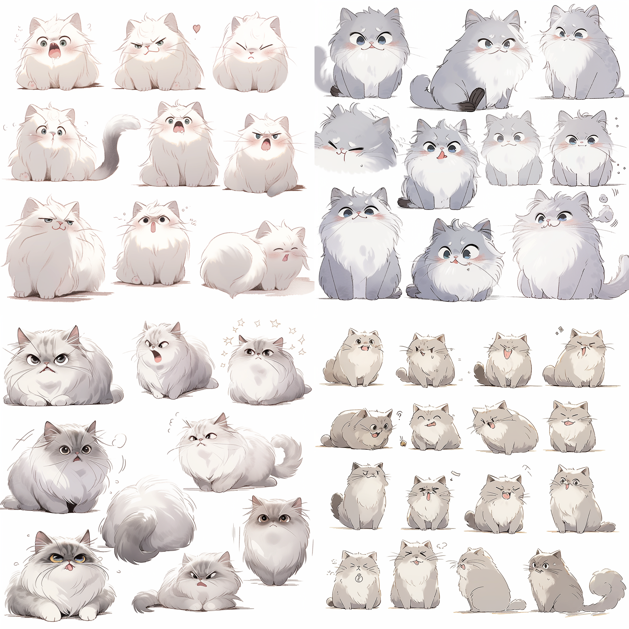 q version of silver english longhair cat, silver english longhair cat's various expressions and actions, happy, laughing, sad, angry, disappointed, surprised, spoiled, white background, nine grid layout, illustration design, pixar style
