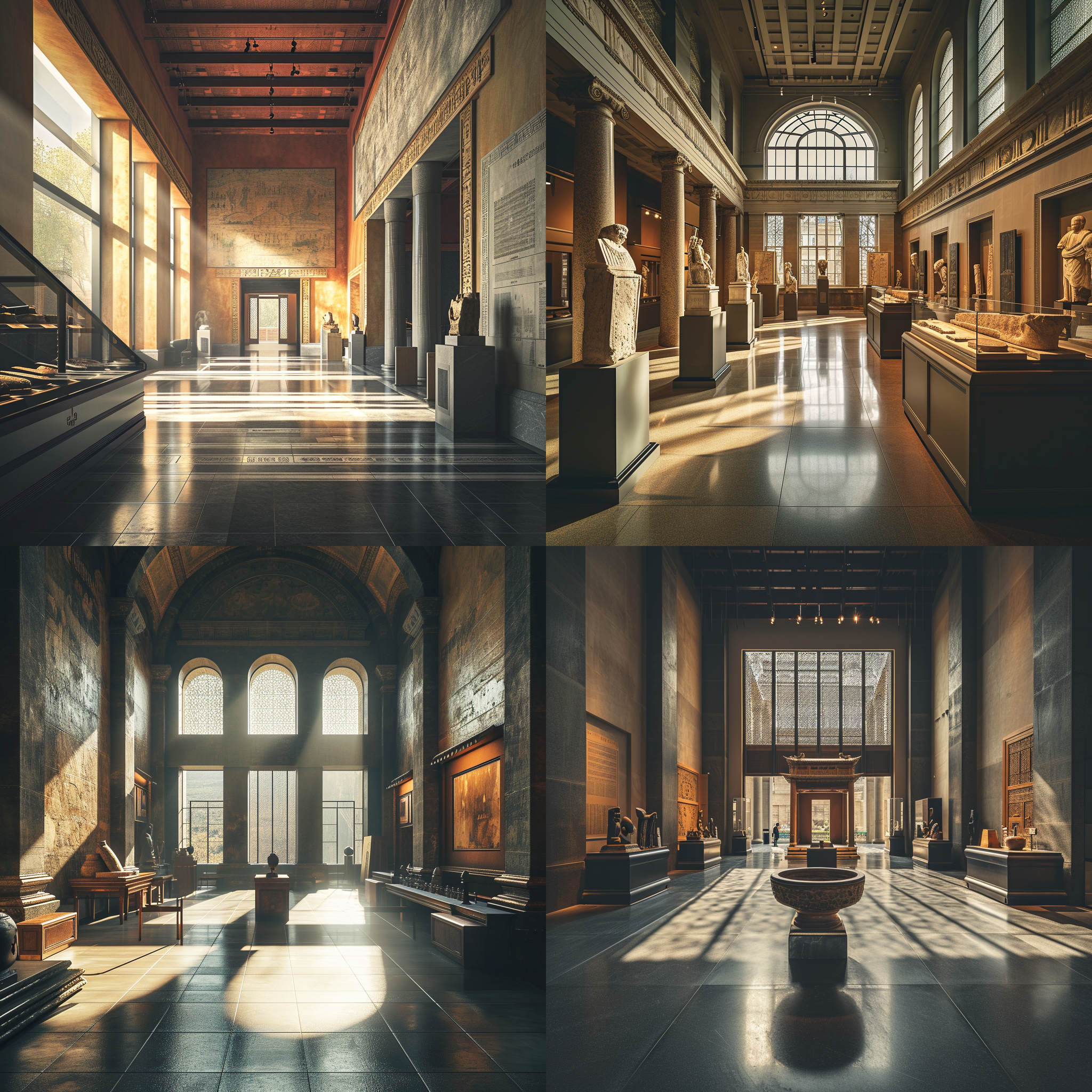 历史陈列博物馆设计，展示着古老文明的辉煌。在宽敞的展厅中，一座精致的仿古建筑巍然屹立，周围是丰富多样的历史文物。透过大窗户，阳光洒在展品上，照亮了细节和纹理。整个场景充满了庄严和神秘感。仿古建筑，广角镜头，自然光，丰富多样，细节，纹理，庄严，神秘。