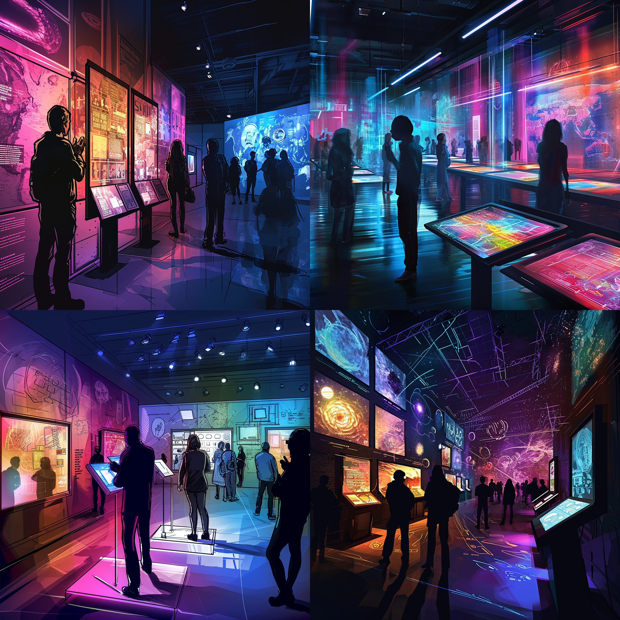 科技馆展示，手绘风格，交互设计，多彩视觉，观众互动，创新科技，光影效果，展品布局，奇思妙想，惊喜发现，探索未知，启发思考。