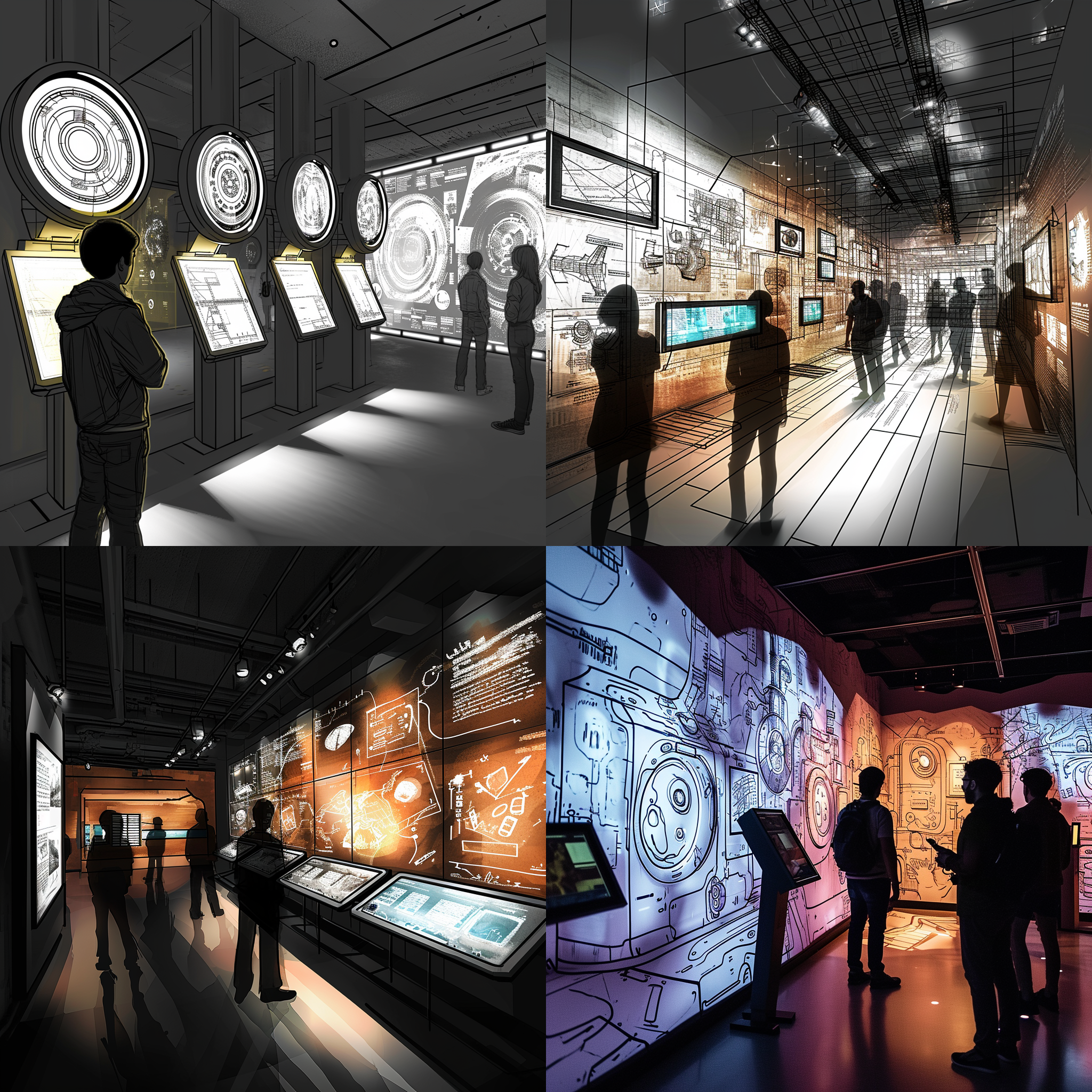 科技馆展示，手绘风格，交互设计，视觉丰富，观众互动，创新科技，光影效果，展品布局，奇思妙想，惊喜发现，探索未知，启发思考。